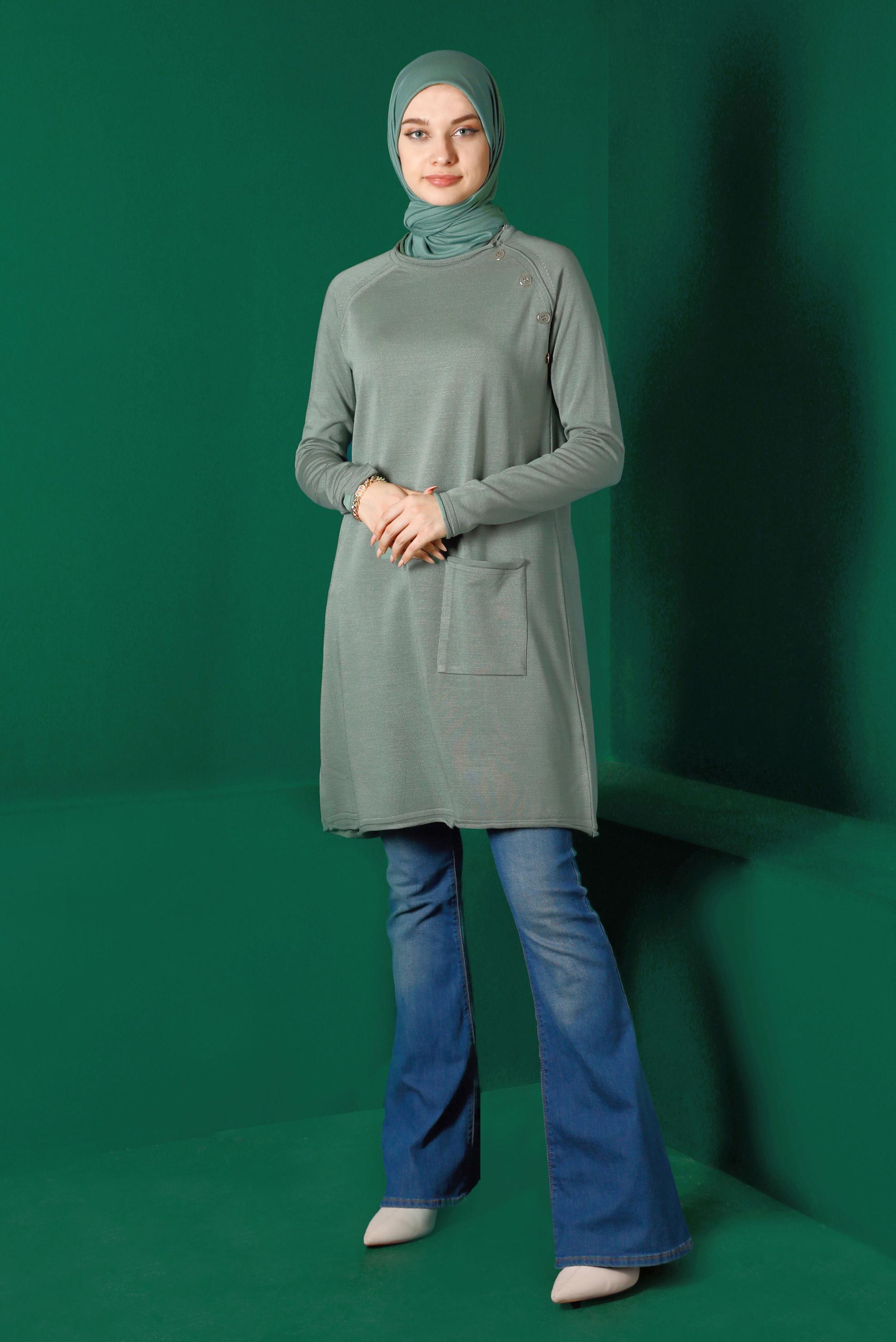 Tesettür giyim YEŞİL CEPLİ DÜĞMELİ TRİKO TUNİK 43111