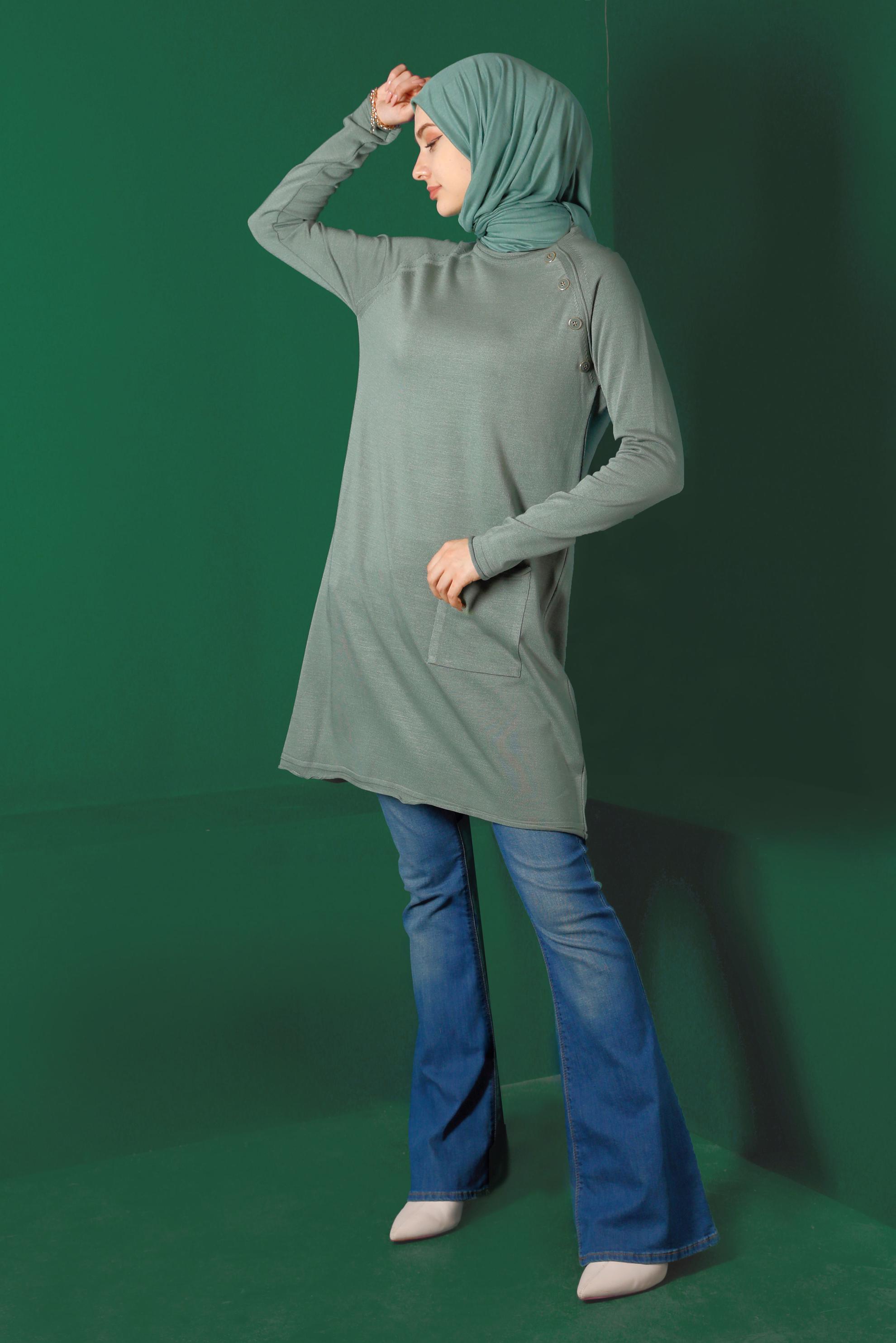 Tesettür giyim YEŞİL CEPLİ DÜĞMELİ TRİKO TUNİK 43111