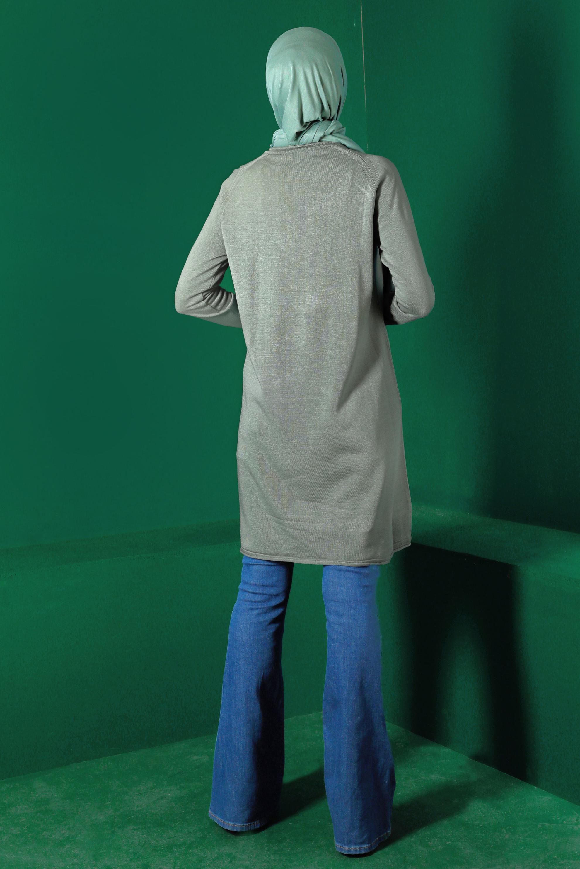 Tesettür giyim YEŞİL CEPLİ DÜĞMELİ TRİKO TUNİK 43111