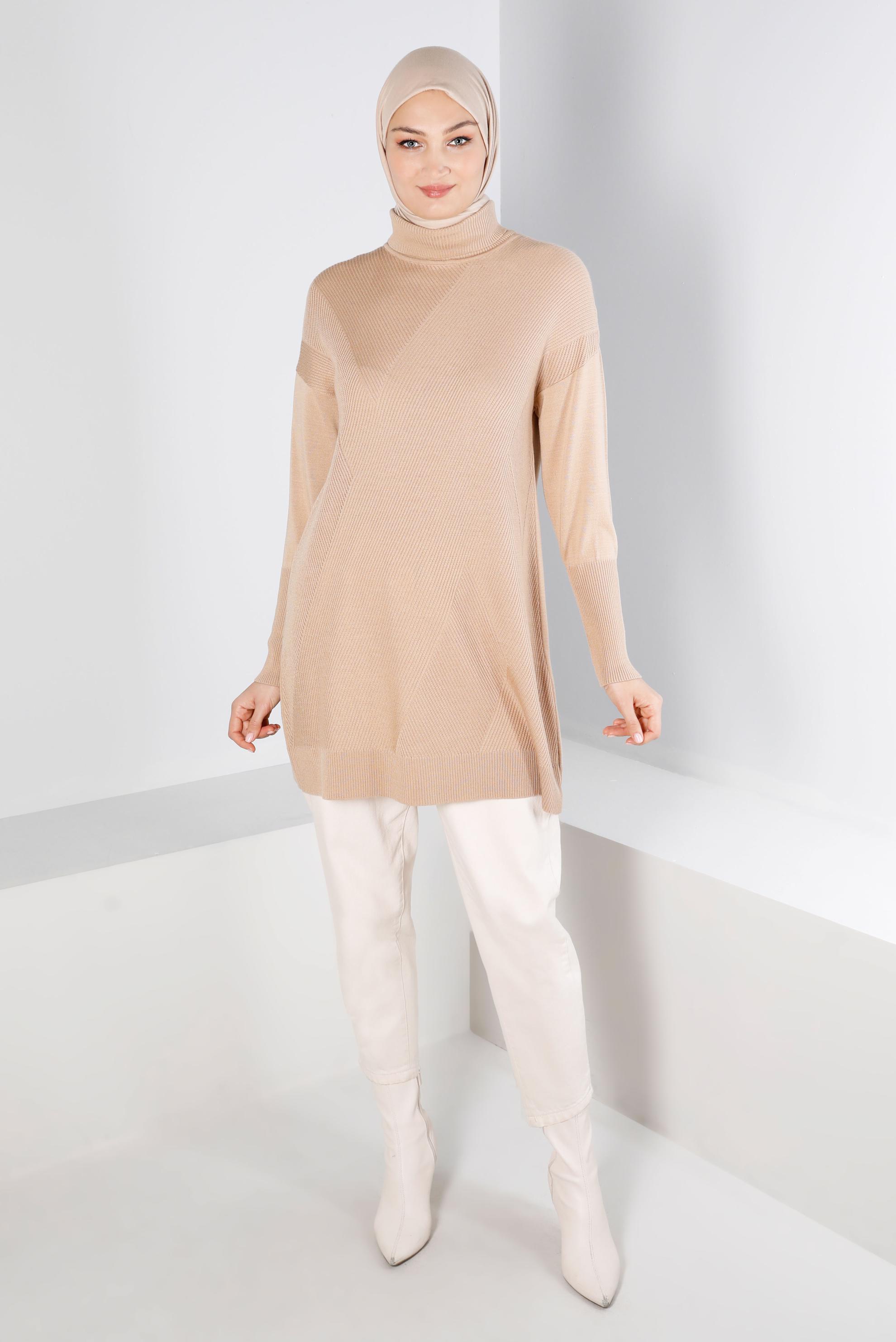 Tesettür giyim BEJ BOĞAZLI TRİKO TUNİK 43112 