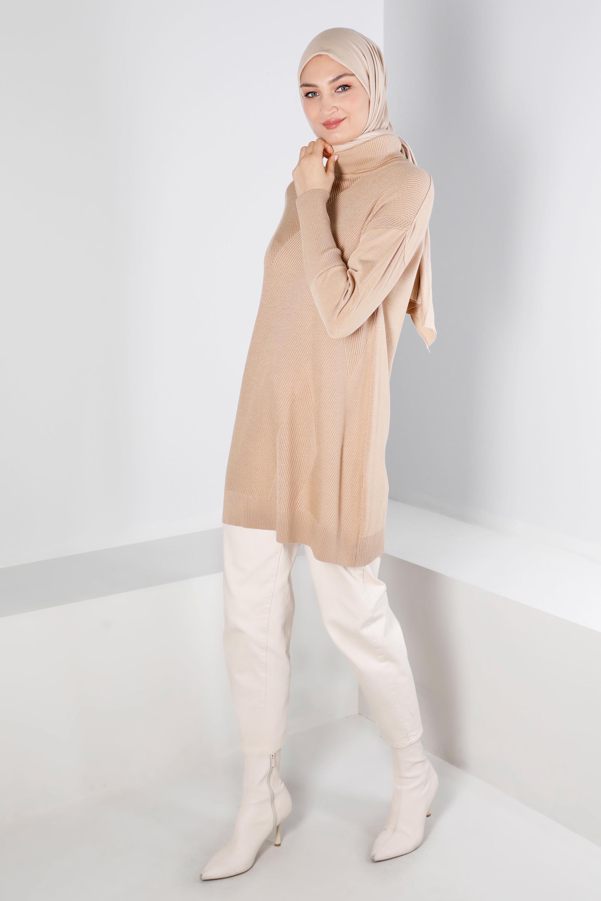 Tesettür giyim BEJ BOĞAZLI TRİKO TUNİK 43112 