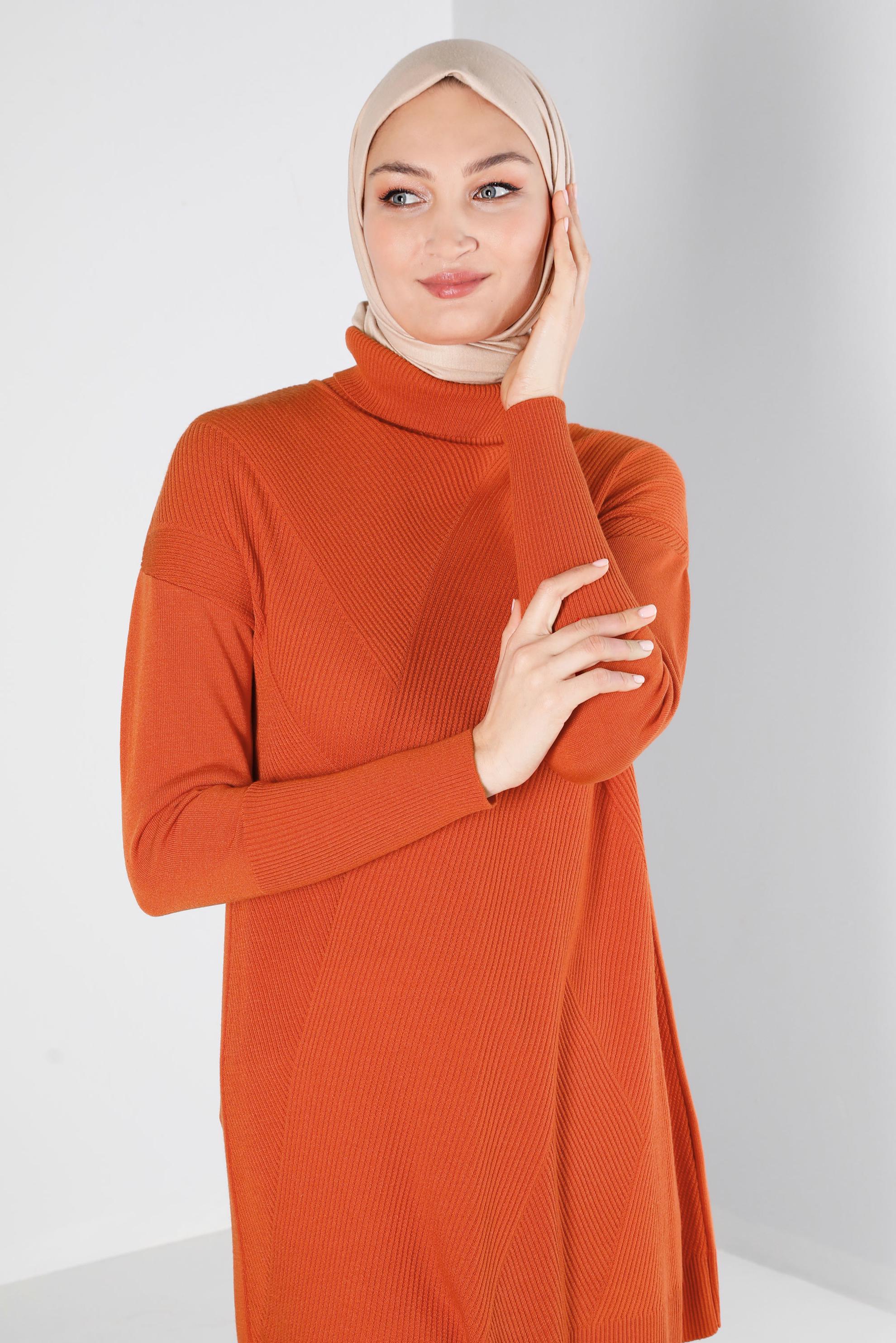 Tesettür giyim TURUNCU BOĞAZLI TRİKO TUNİK 43112 