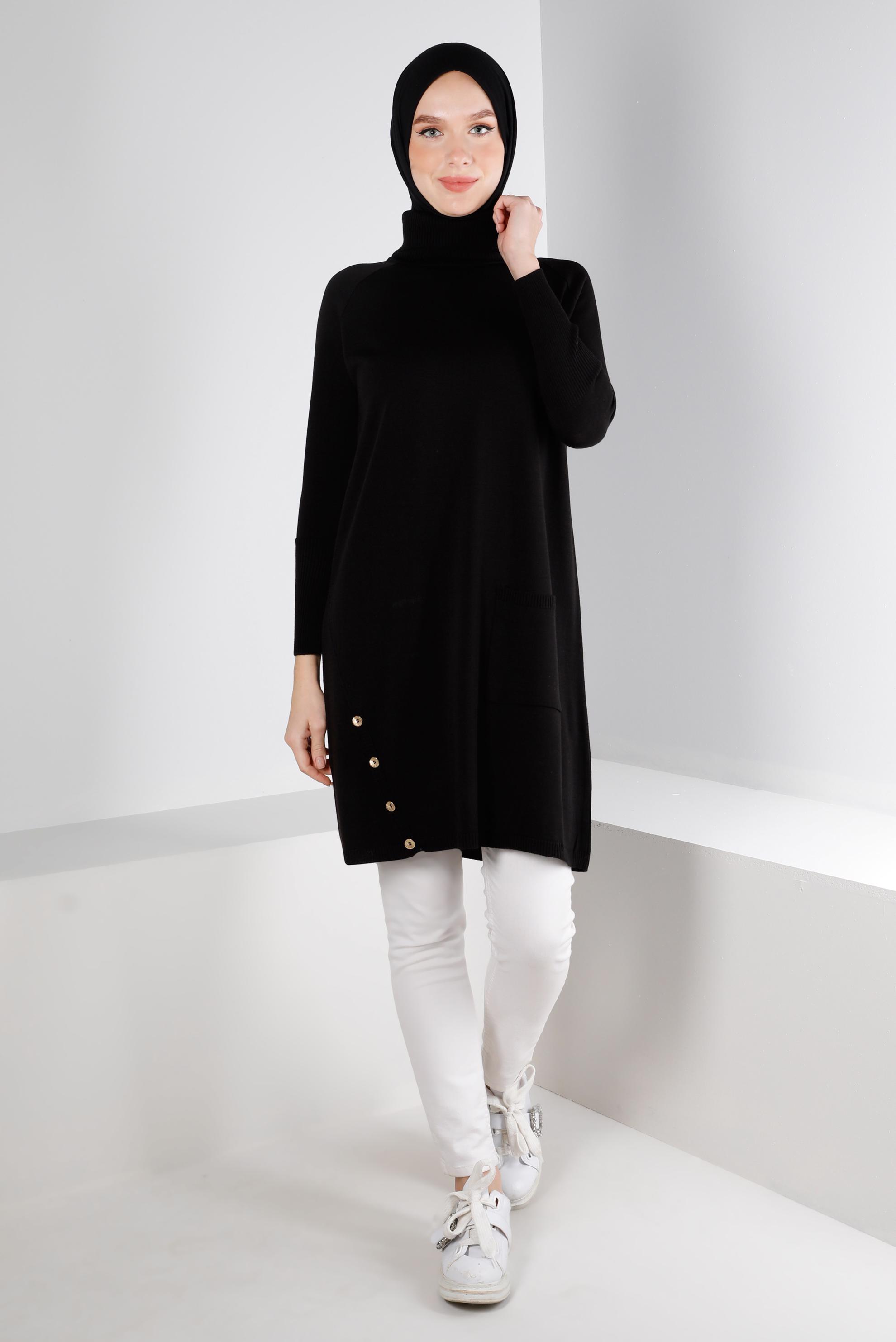 Tesettür giyim SİYAH DÜĞMELİ BOĞAZLI TRİKO TUNİK 43113	