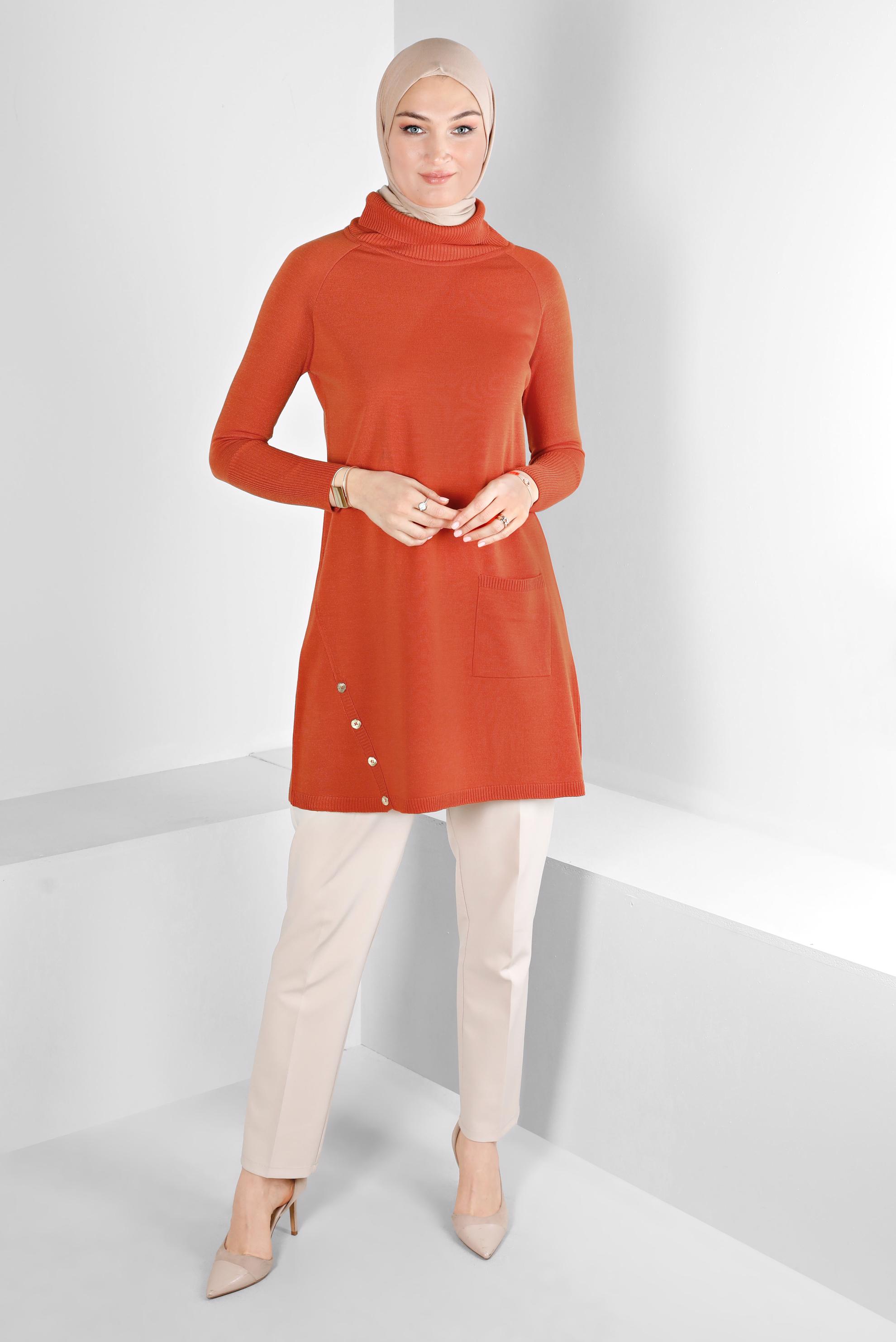 Tesettür giyim TURUNCU DÜĞMELİ BOĞAZLI TRİKO TUNİK 43113	