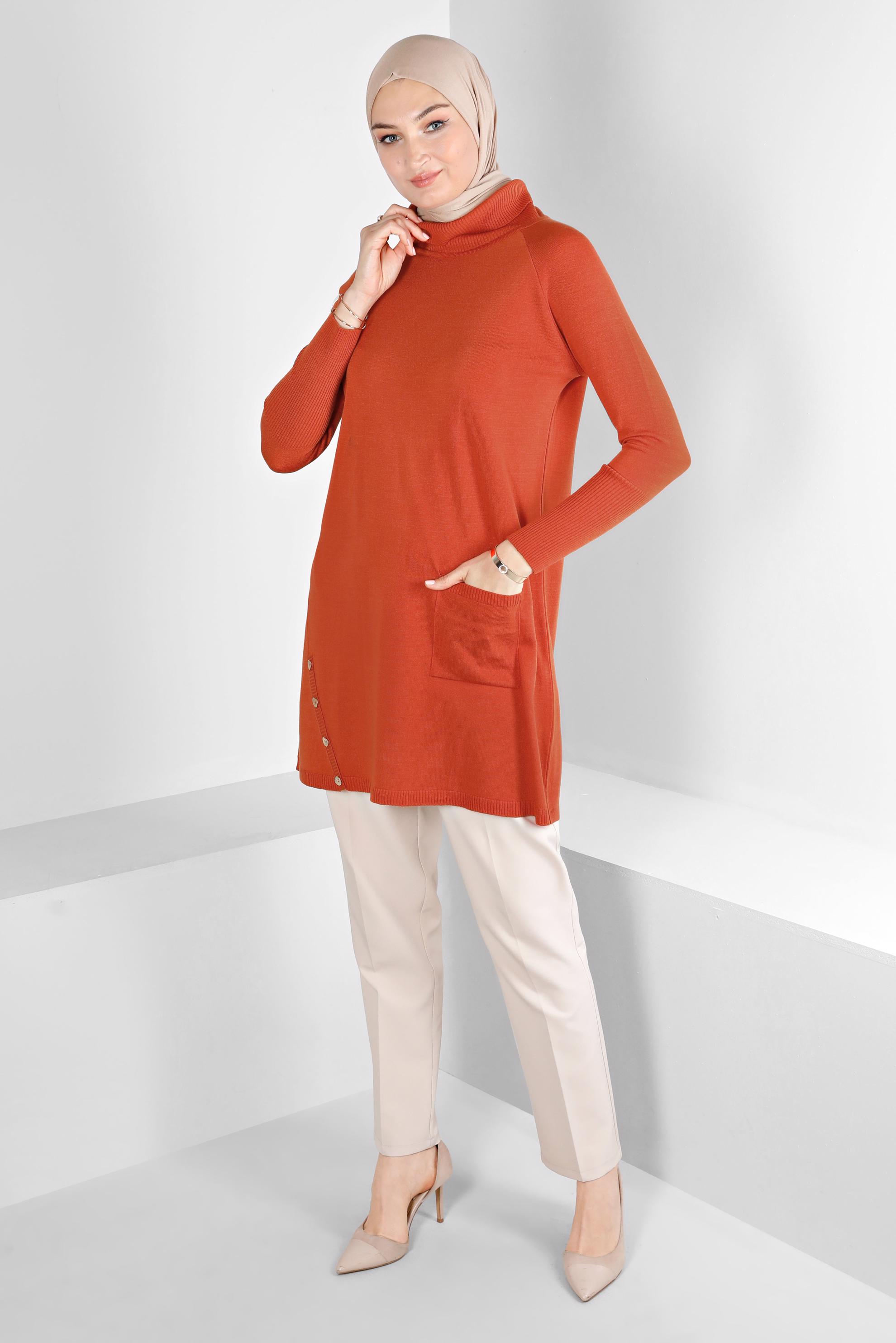 Tesettür giyim TURUNCU DÜĞMELİ BOĞAZLI TRİKO TUNİK 43113	