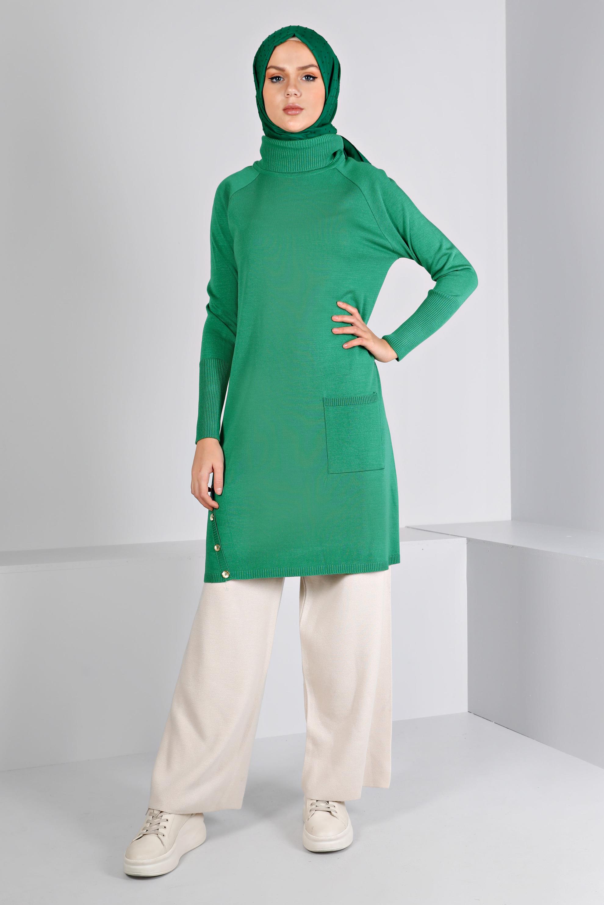 Tesettür giyim YEŞİL DÜĞMELİ BOĞAZLI TRİKO TUNİK 43113	
