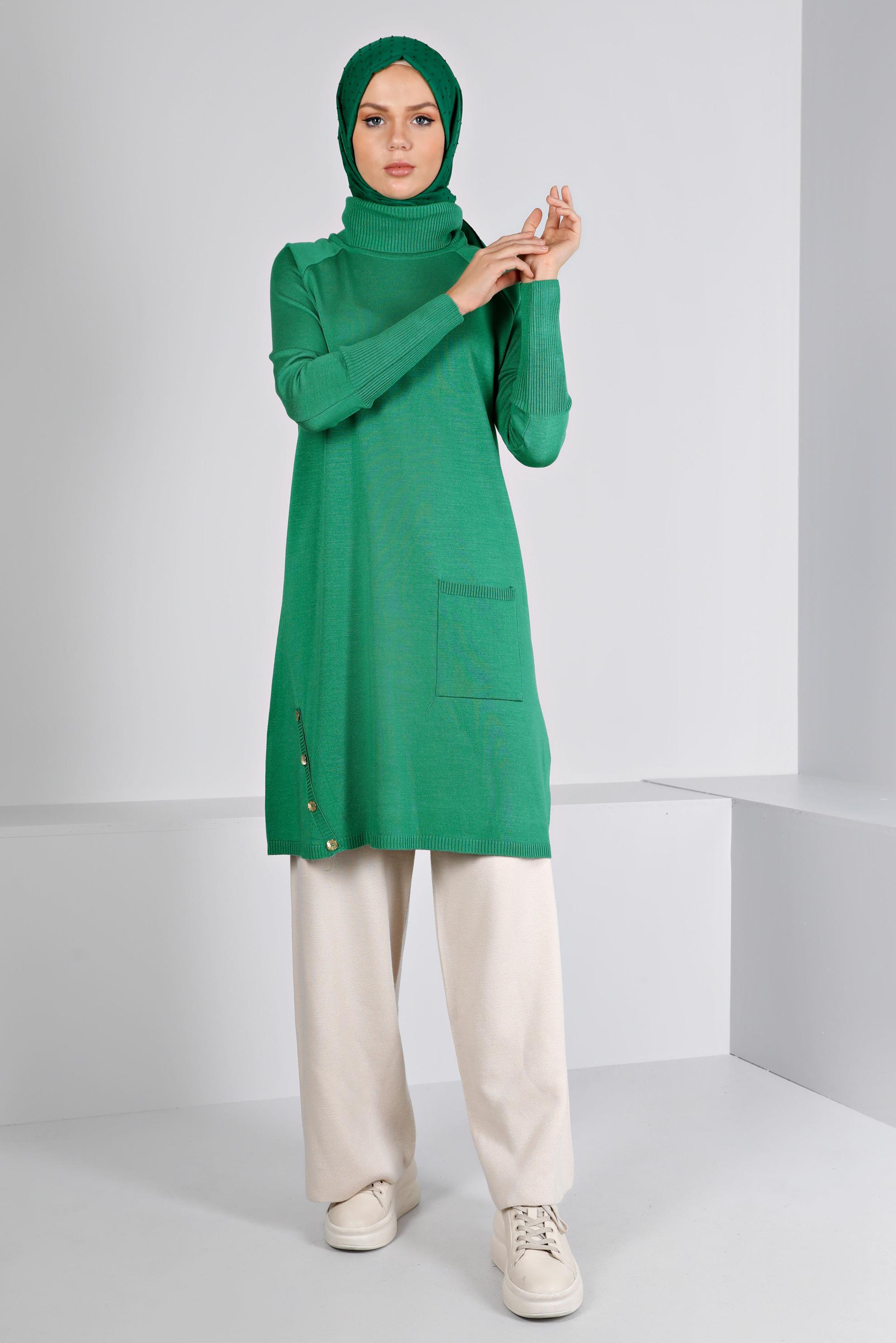 Tesettür giyim YEŞİL DÜĞMELİ BOĞAZLI TRİKO TUNİK 43113	