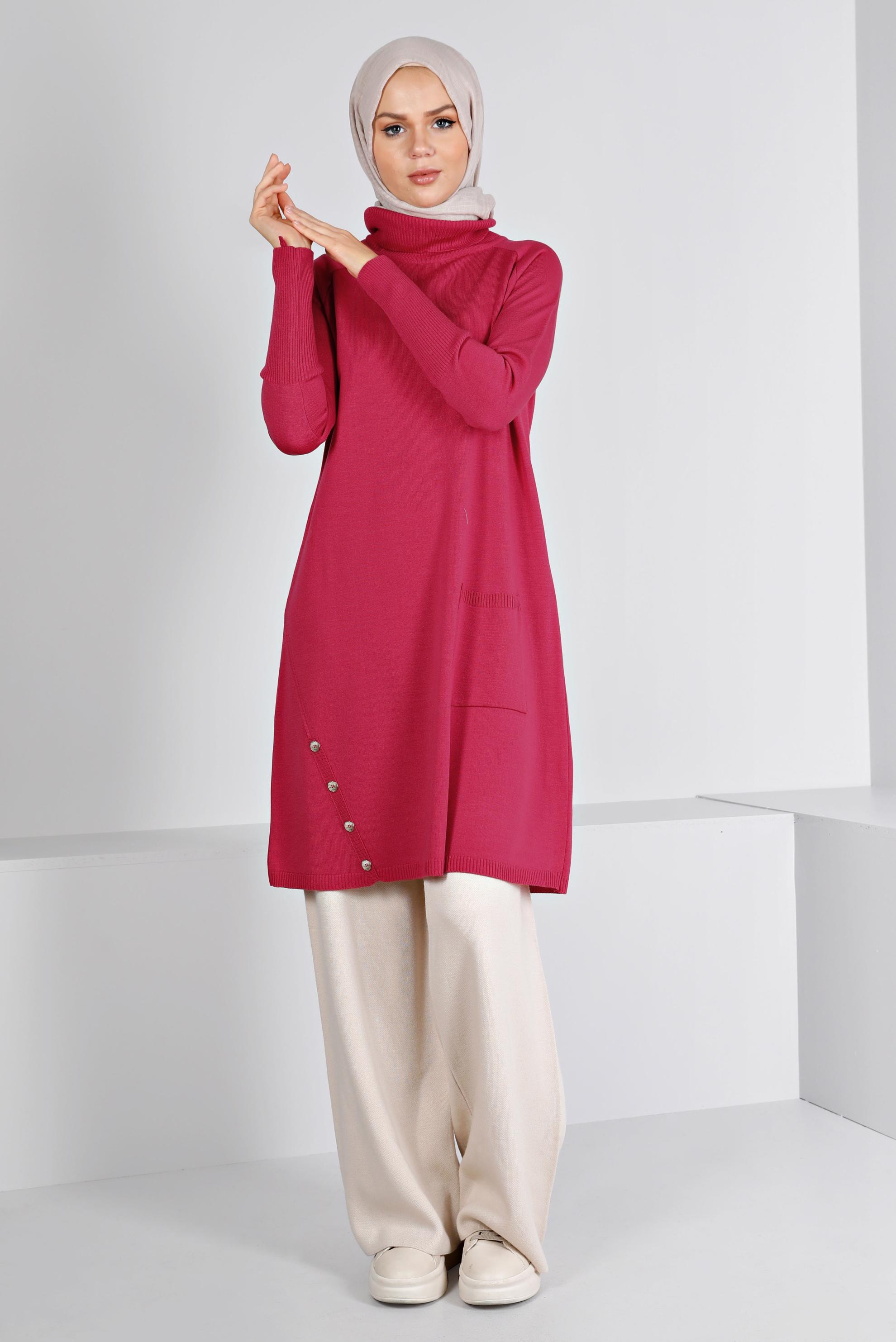 Tesettür giyim FUŞYA DÜĞMELİ BOĞAZLI TRİKO TUNİK 43113	