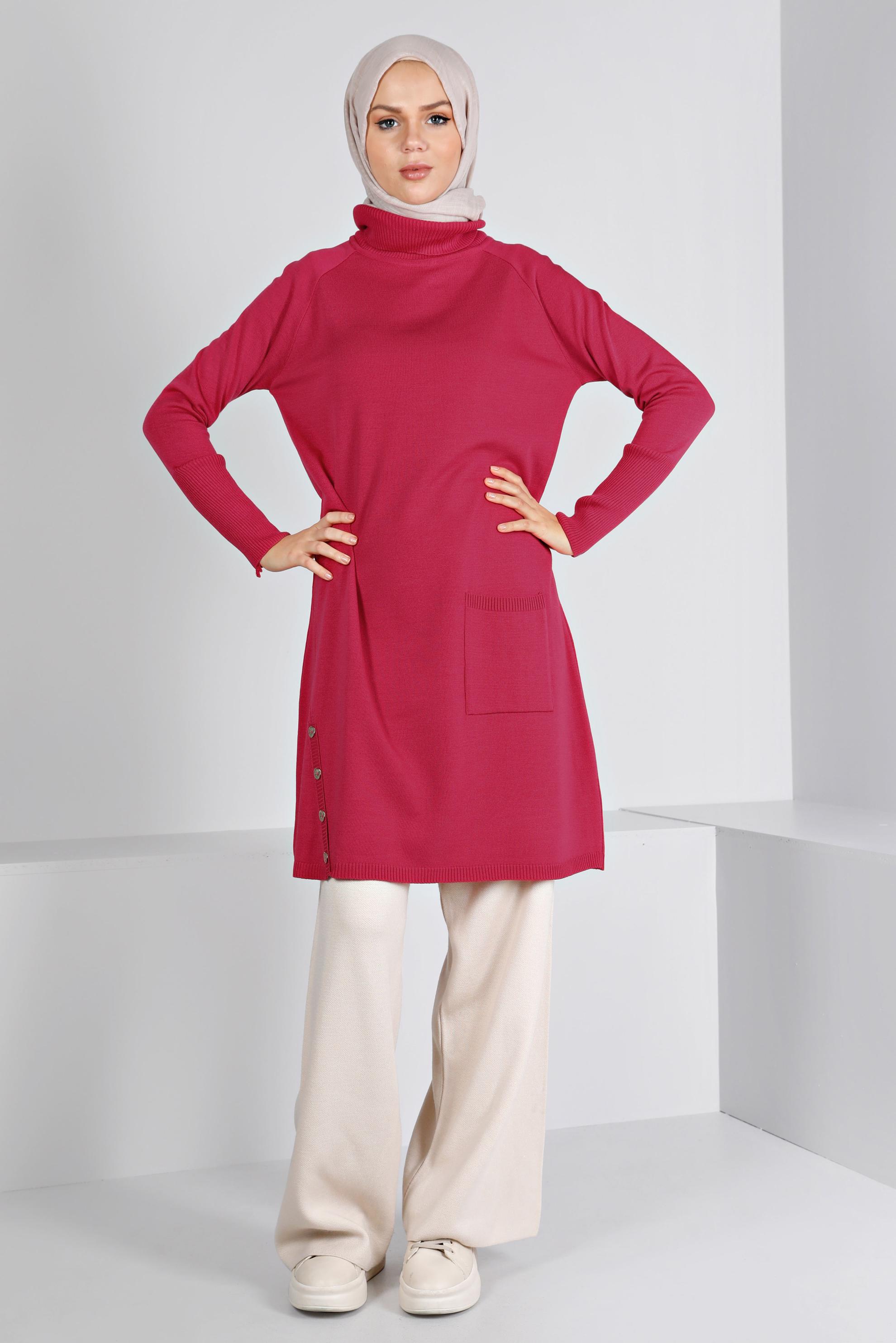 Tesettür giyim FUŞYA DÜĞMELİ BOĞAZLI TRİKO TUNİK 43113	