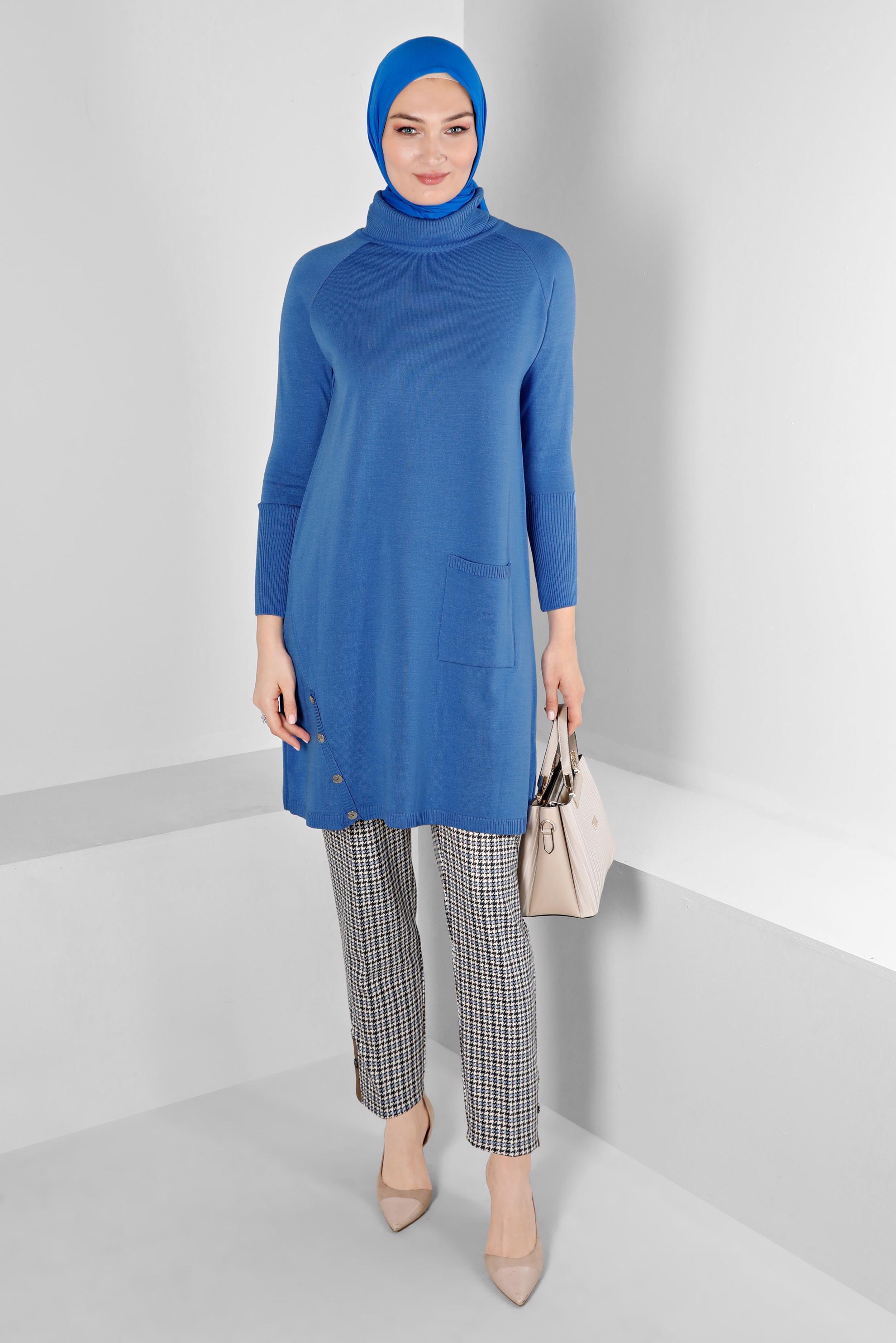 Tesettür giyim MAVİ DÜĞMELİ BOĞAZLI TRİKO TUNİK 43113	