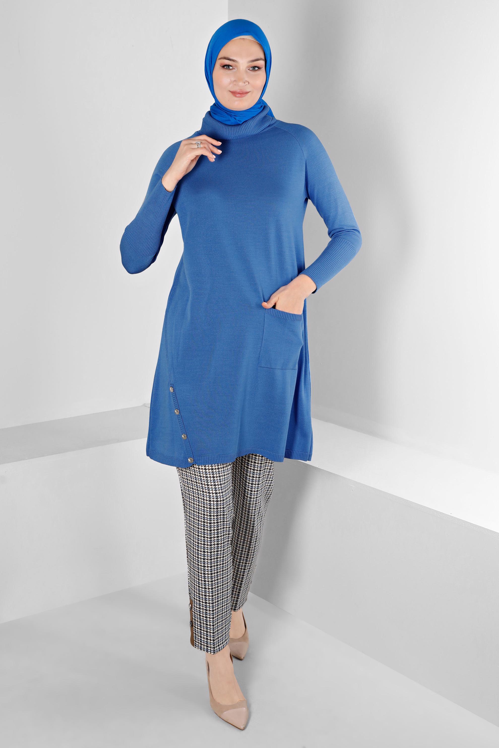 Tesettür giyim MAVİ DÜĞMELİ BOĞAZLI TRİKO TUNİK 43113	