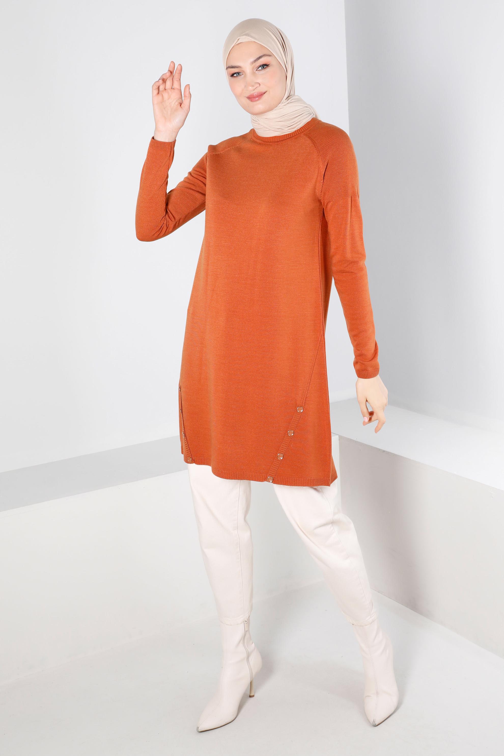 Tesettür giyim TURUNCU DÜĞME DETAYLI TRİKO TUNİK 43115 