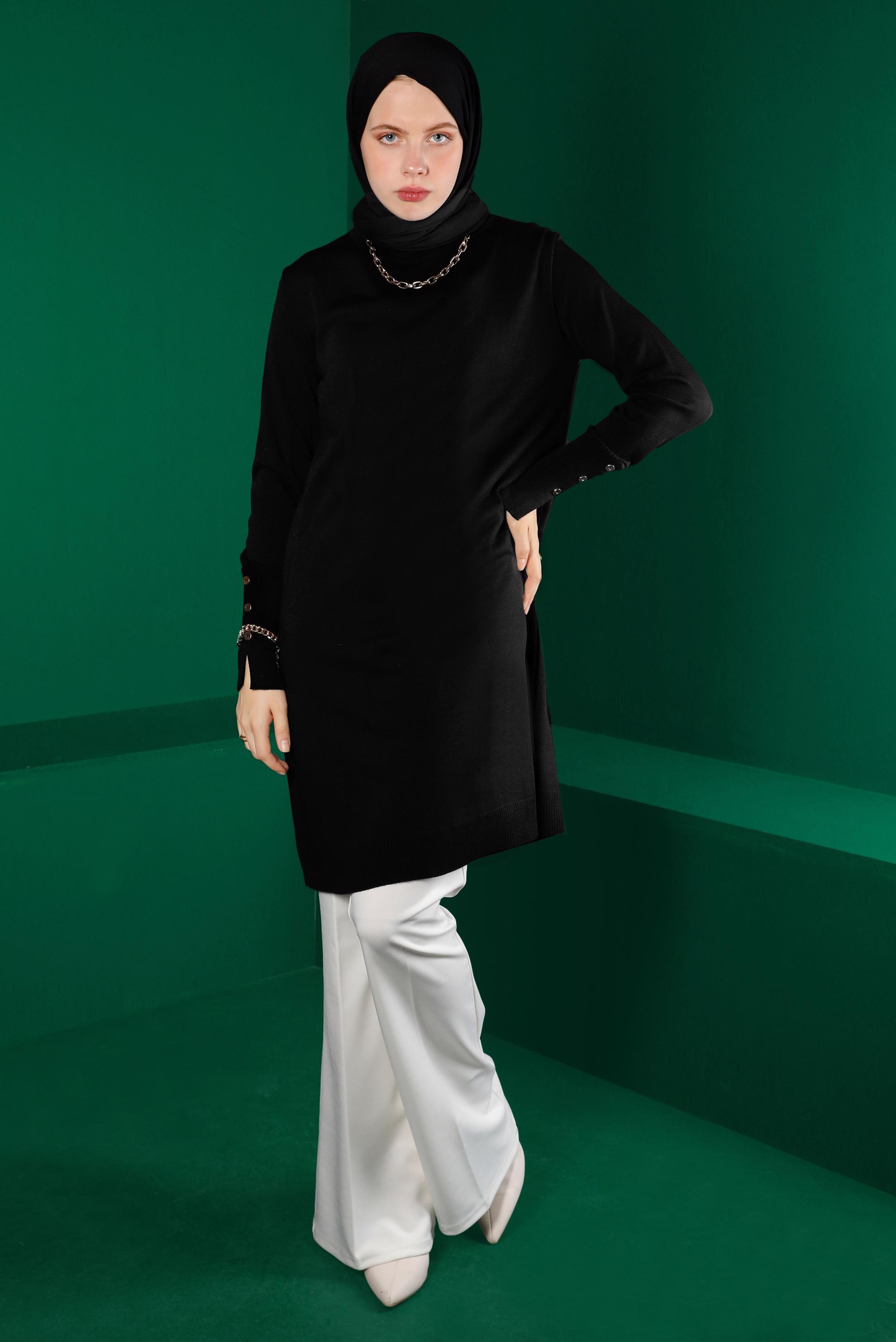 Tesettür giyim SİYAH MANŞETLERİ DÜĞMELİ TRİKO TUNİK 43116	