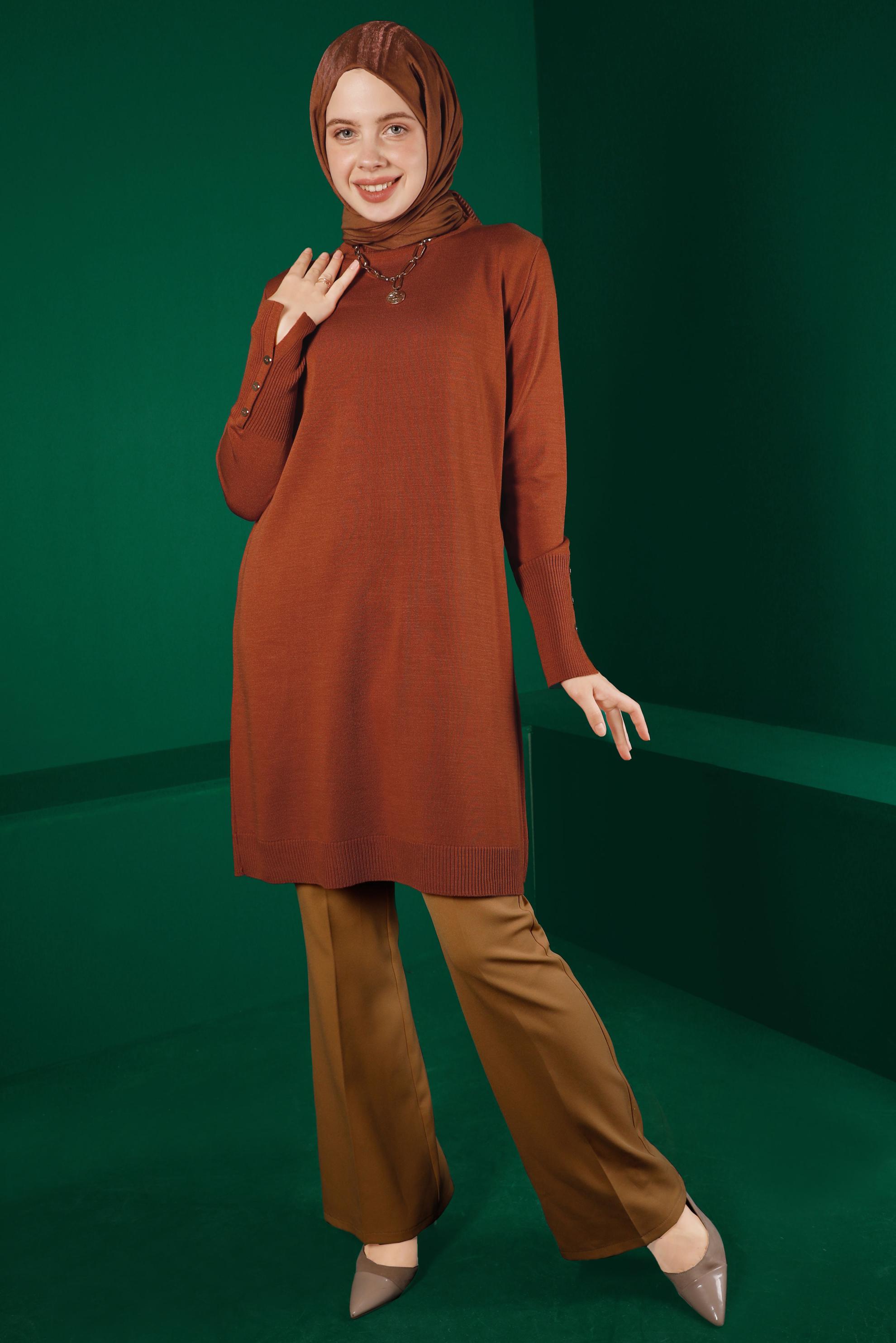 Tesettür giyim TURUNCU MANŞETLERİ DÜĞMELİ TRİKO TUNİK 43116	