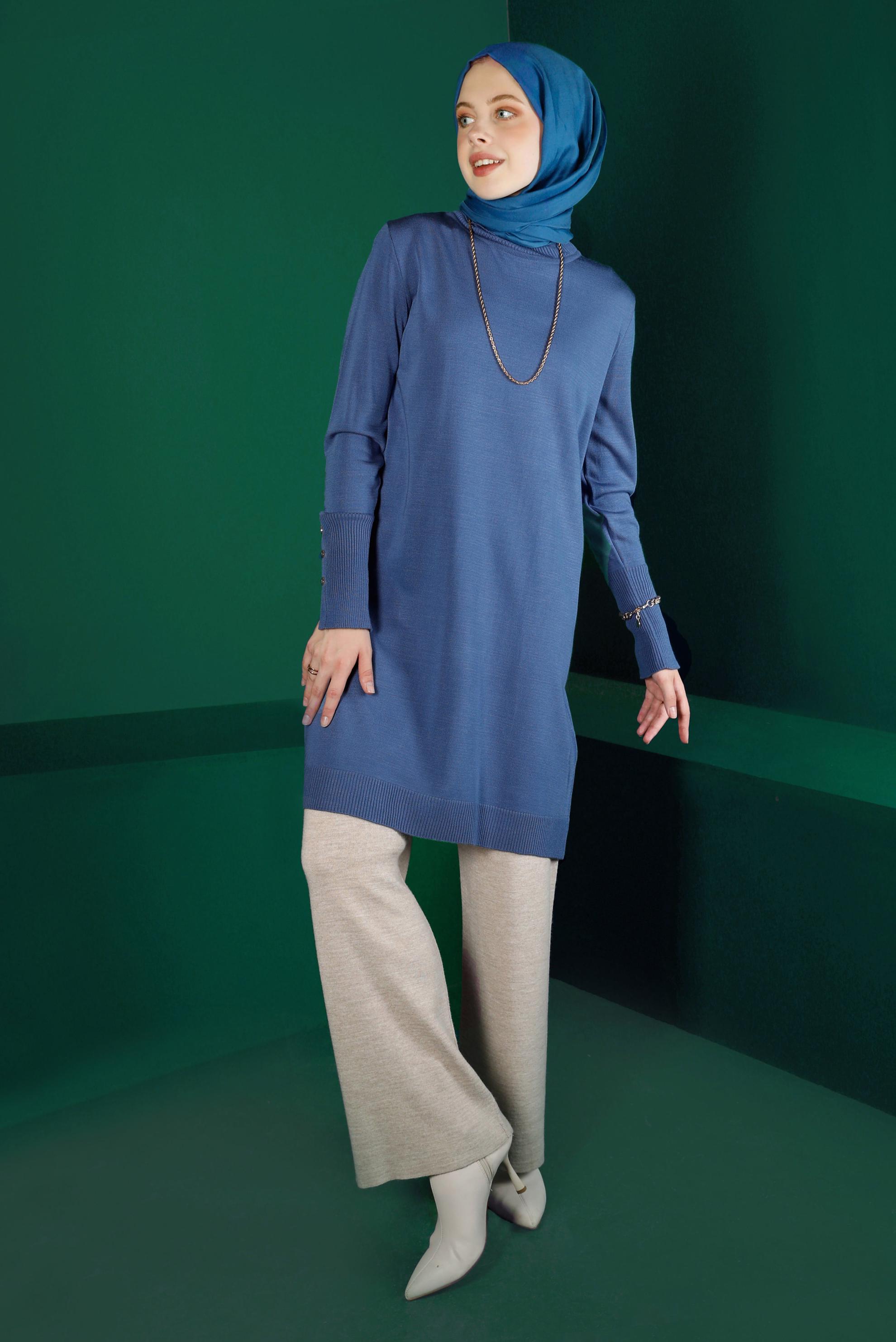Tesettür giyim MAVİ MANŞETLERİ DÜĞMELİ TRİKO TUNİK 43116	