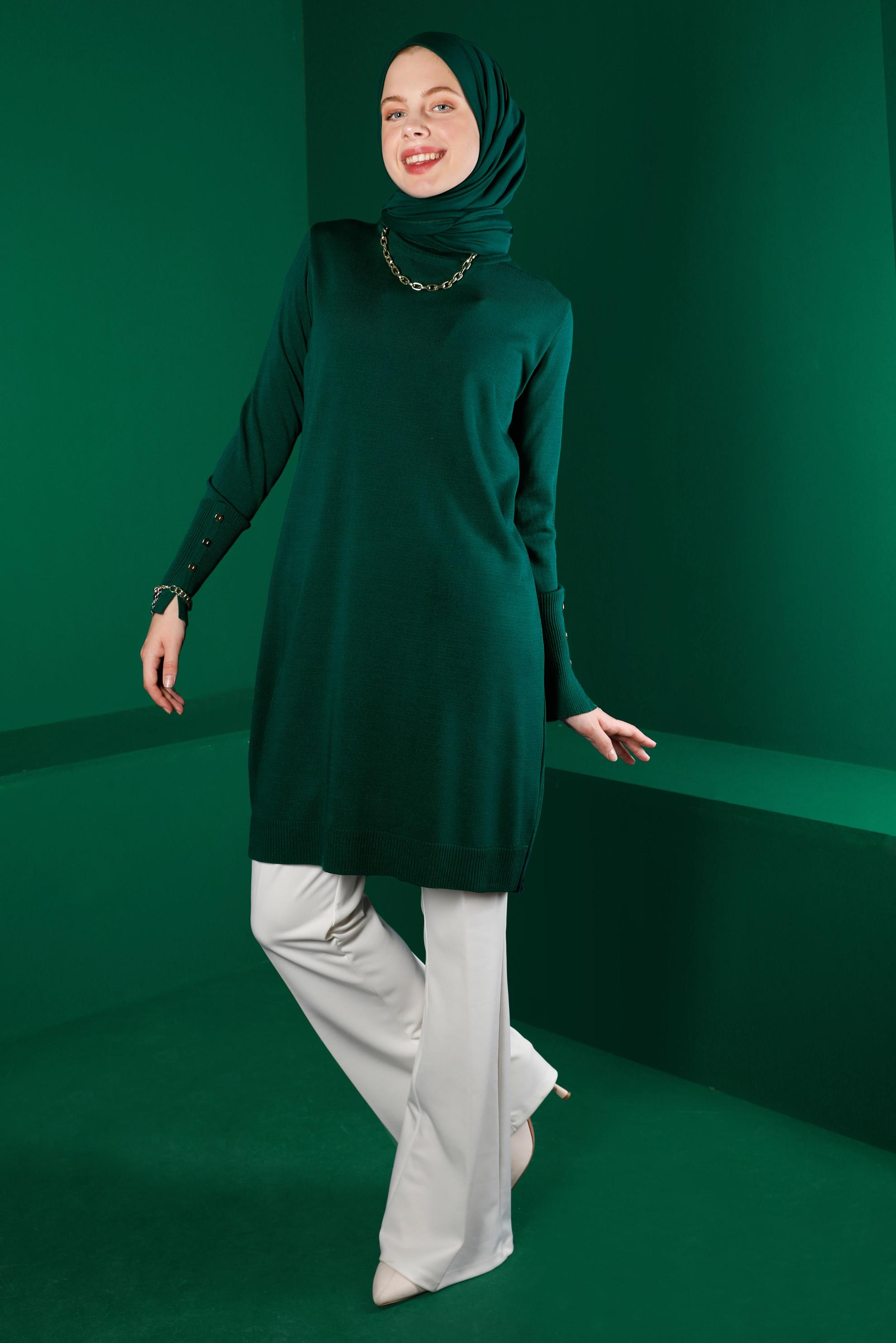 Tesettür giyim YEŞİL MANŞETLERİ DÜĞMELİ TRİKO TUNİK 43116	