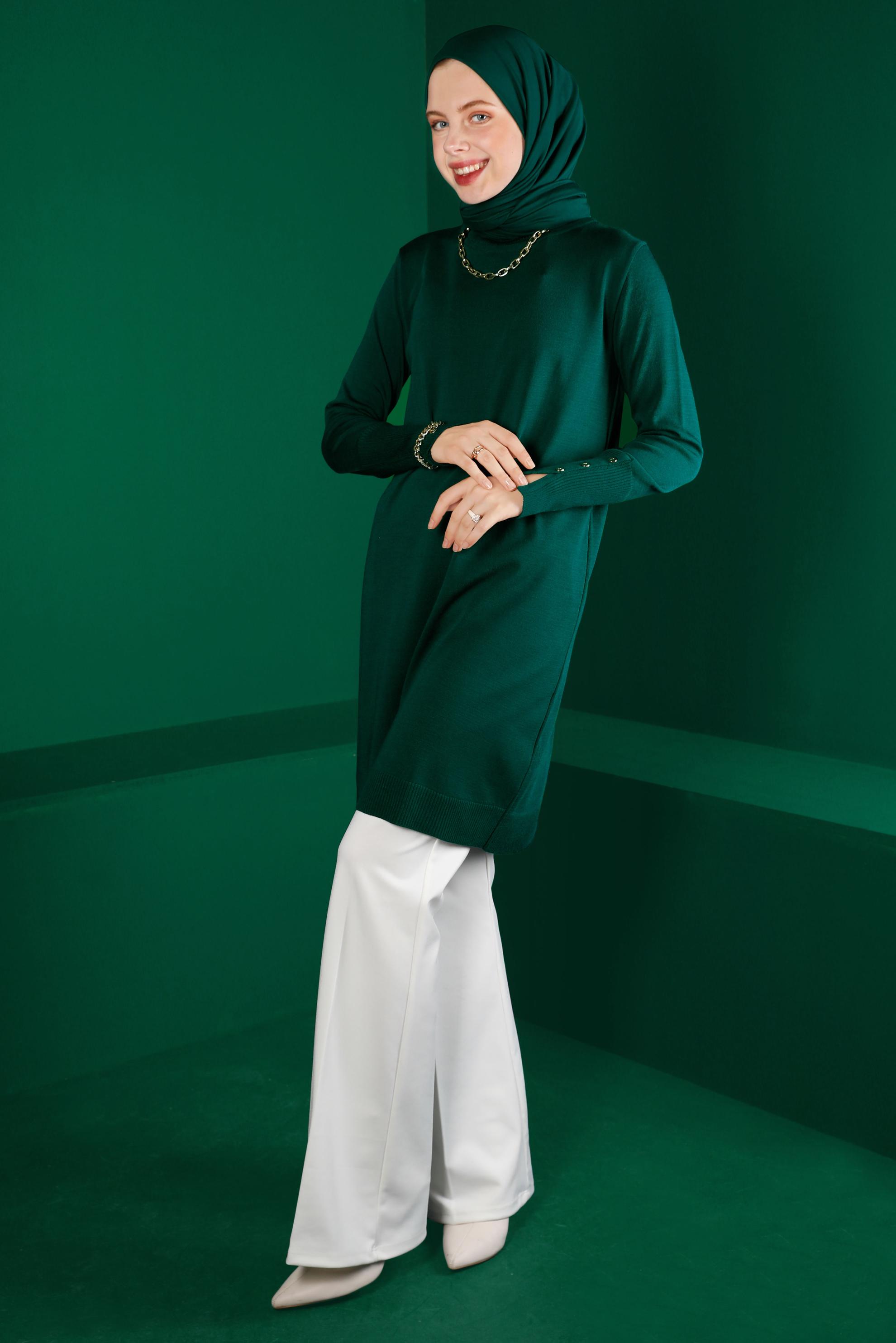 Tesettür giyim YEŞİL MANŞETLERİ DÜĞMELİ TRİKO TUNİK 43116	