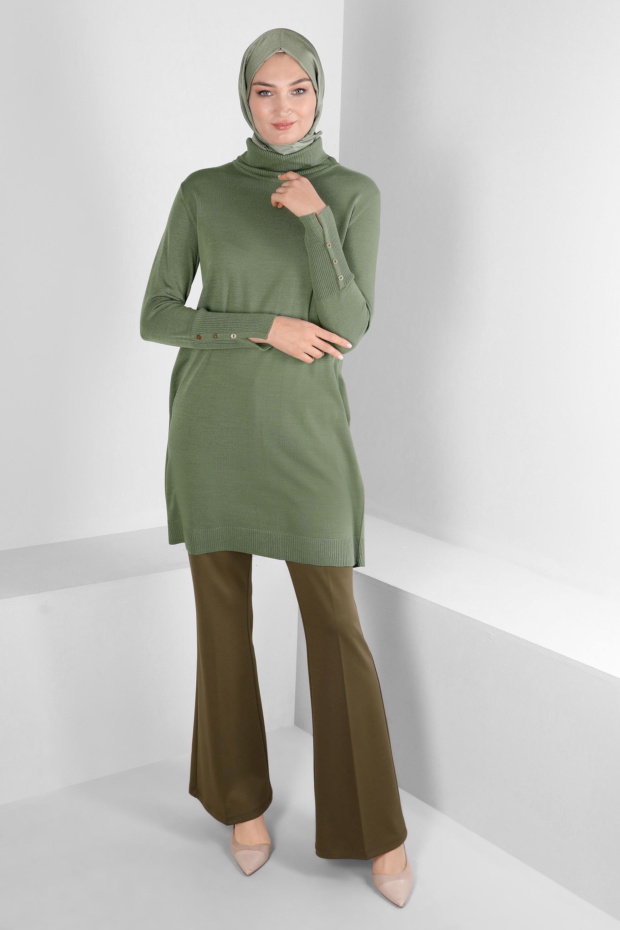 Tesettür giyim YEŞİL MANŞETLERİ DÜĞMELİ TRİKO TUNİK 43116	