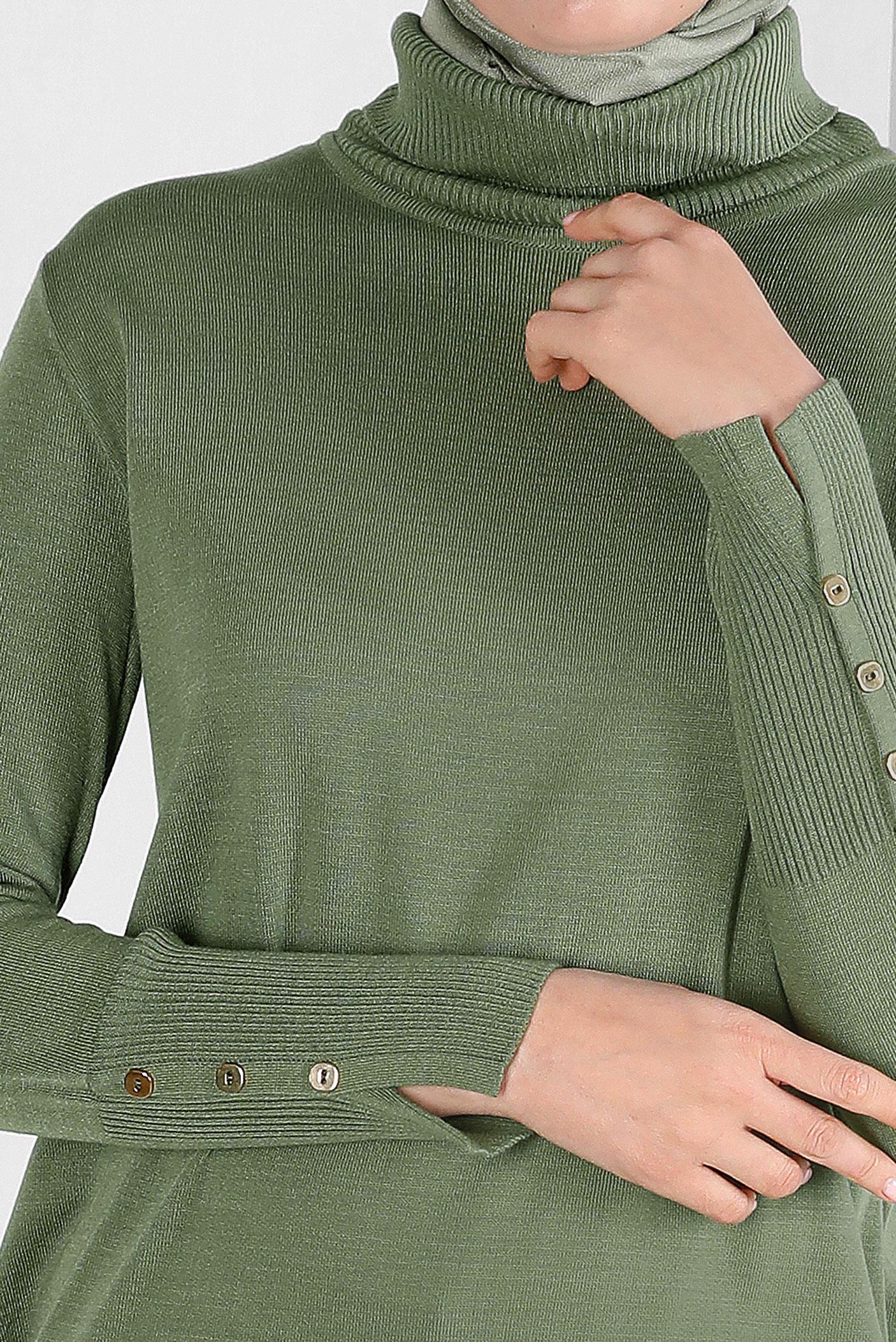 Tesettür giyim YEŞİL MANŞETLERİ DÜĞMELİ TRİKO TUNİK 43116	