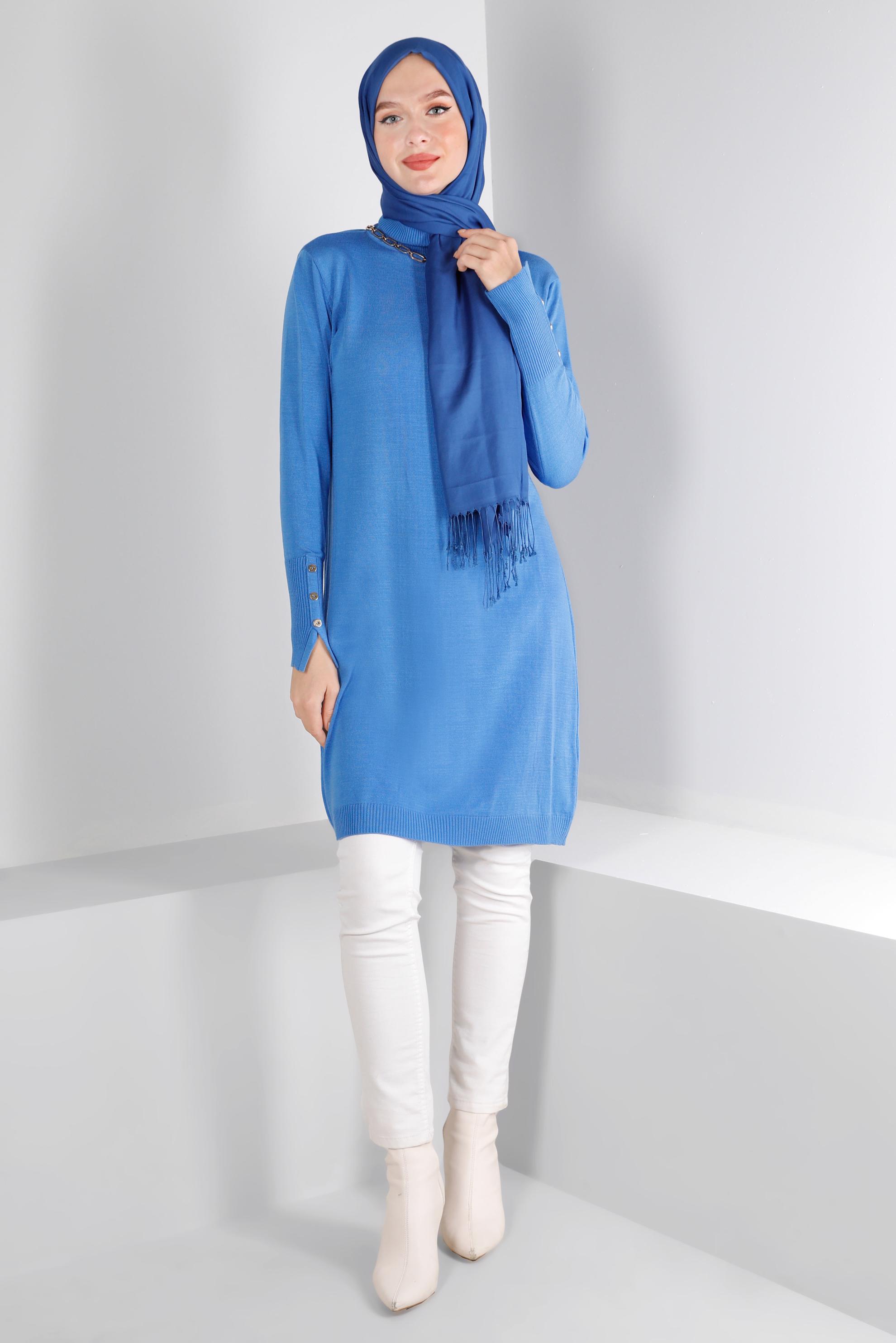 Tesettür giyim MAVİ MANŞETLERİ DÜĞMELİ TRİKO TUNİK 43116	