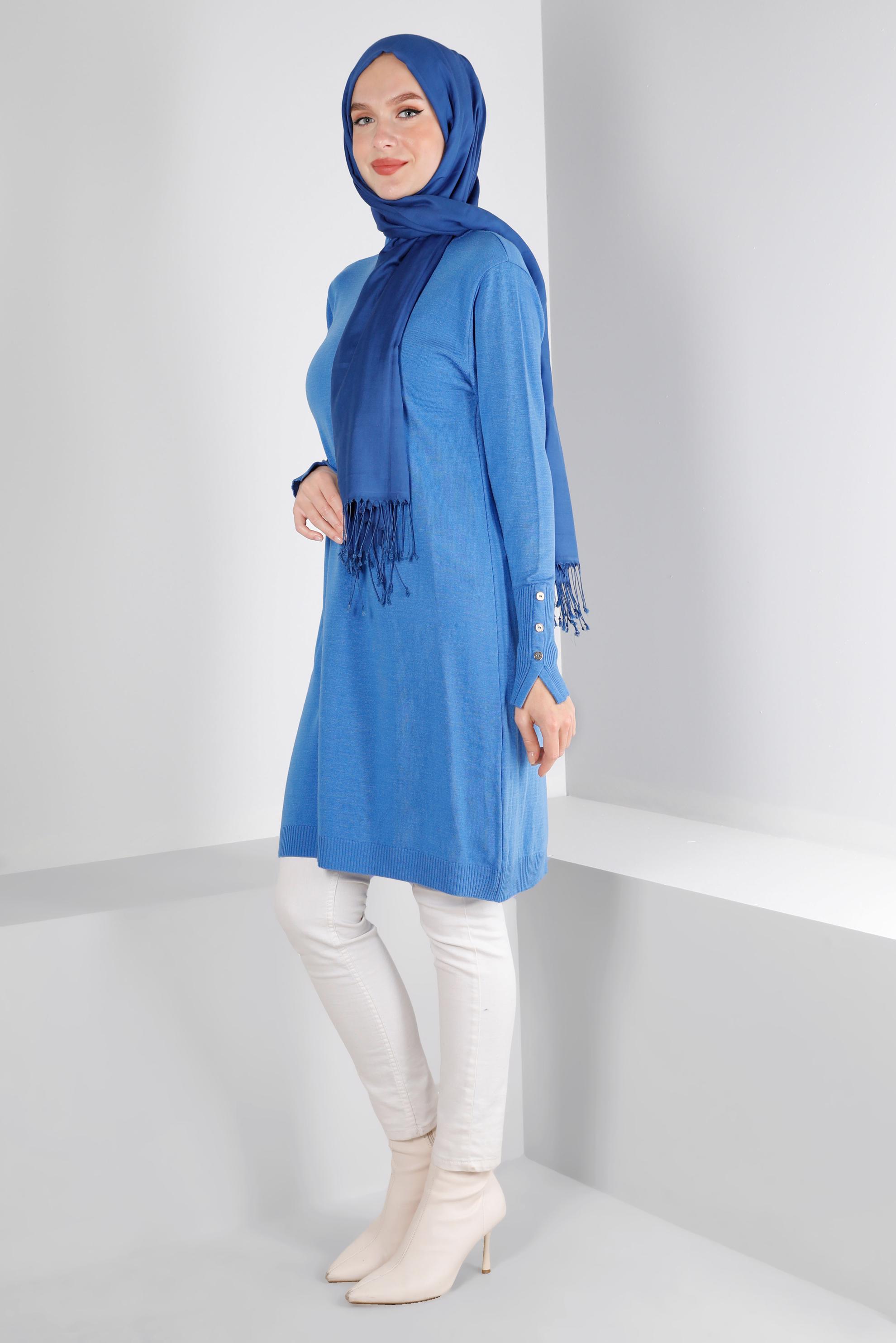 Tesettür giyim MAVİ MANŞETLERİ DÜĞMELİ TRİKO TUNİK 43116	