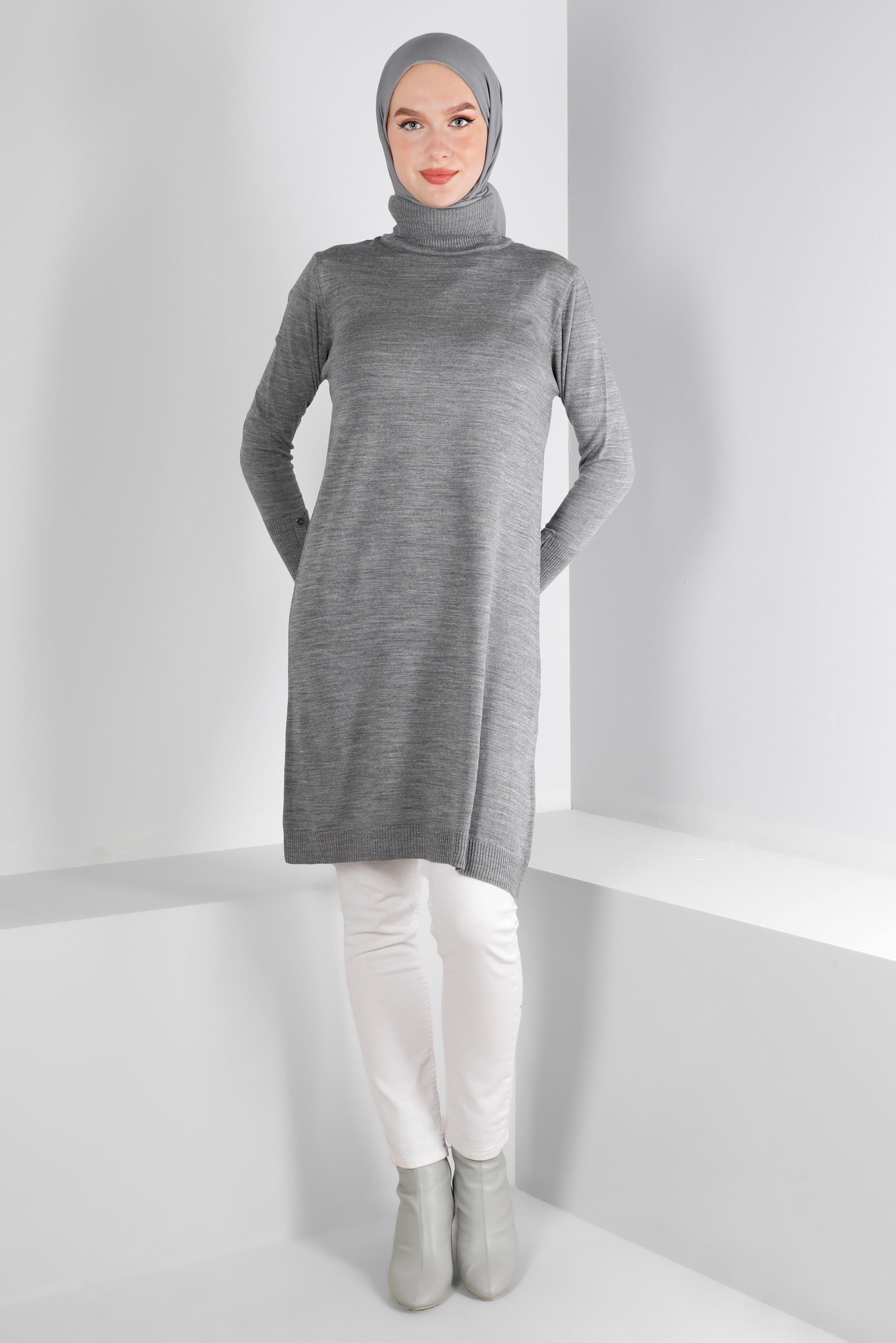 Tesettür giyim GRİ MANŞETLERİ DÜĞMELİ TRİKO TUNİK 43116	