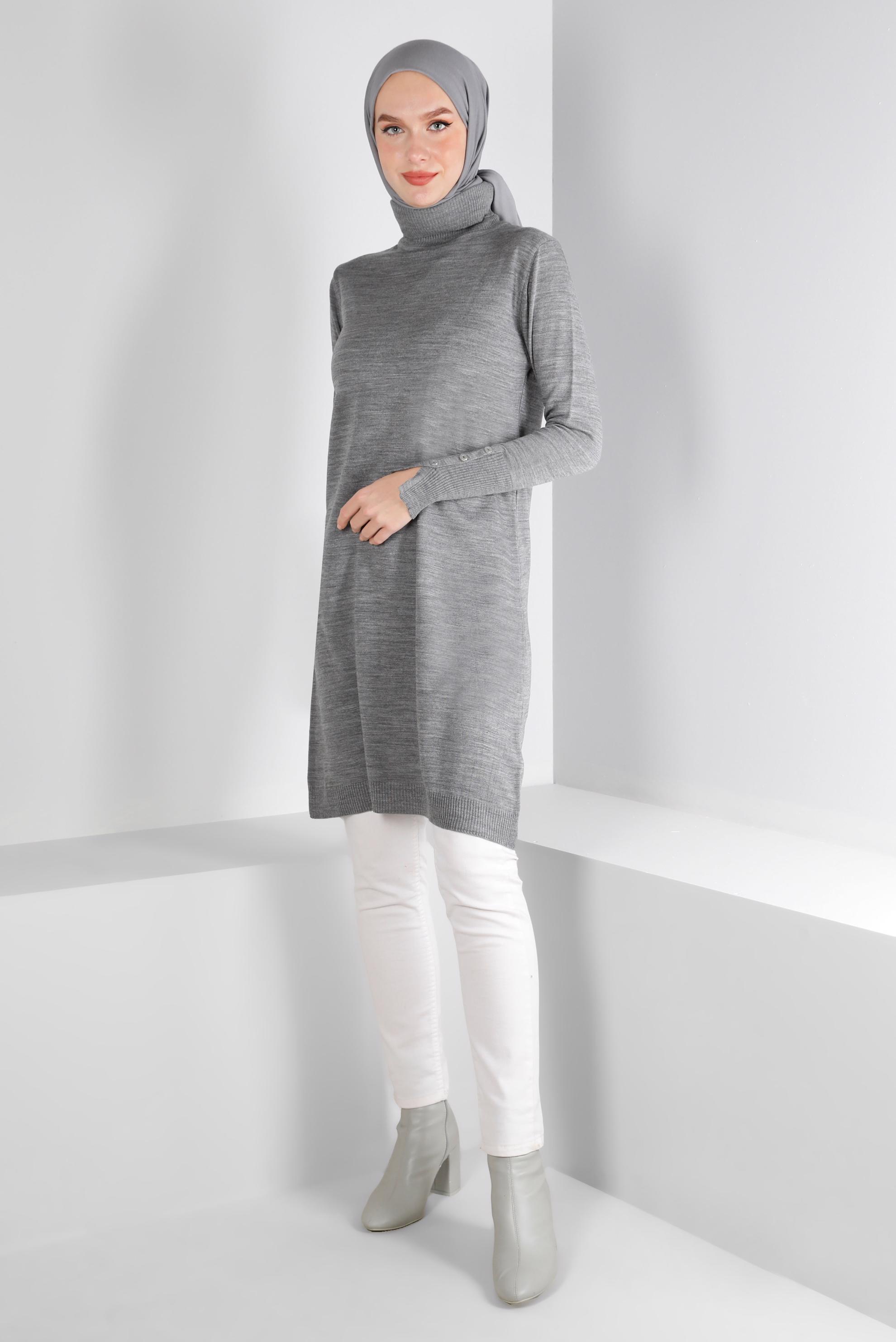 Tesettür giyim GRİ MANŞETLERİ DÜĞMELİ TRİKO TUNİK 43116	