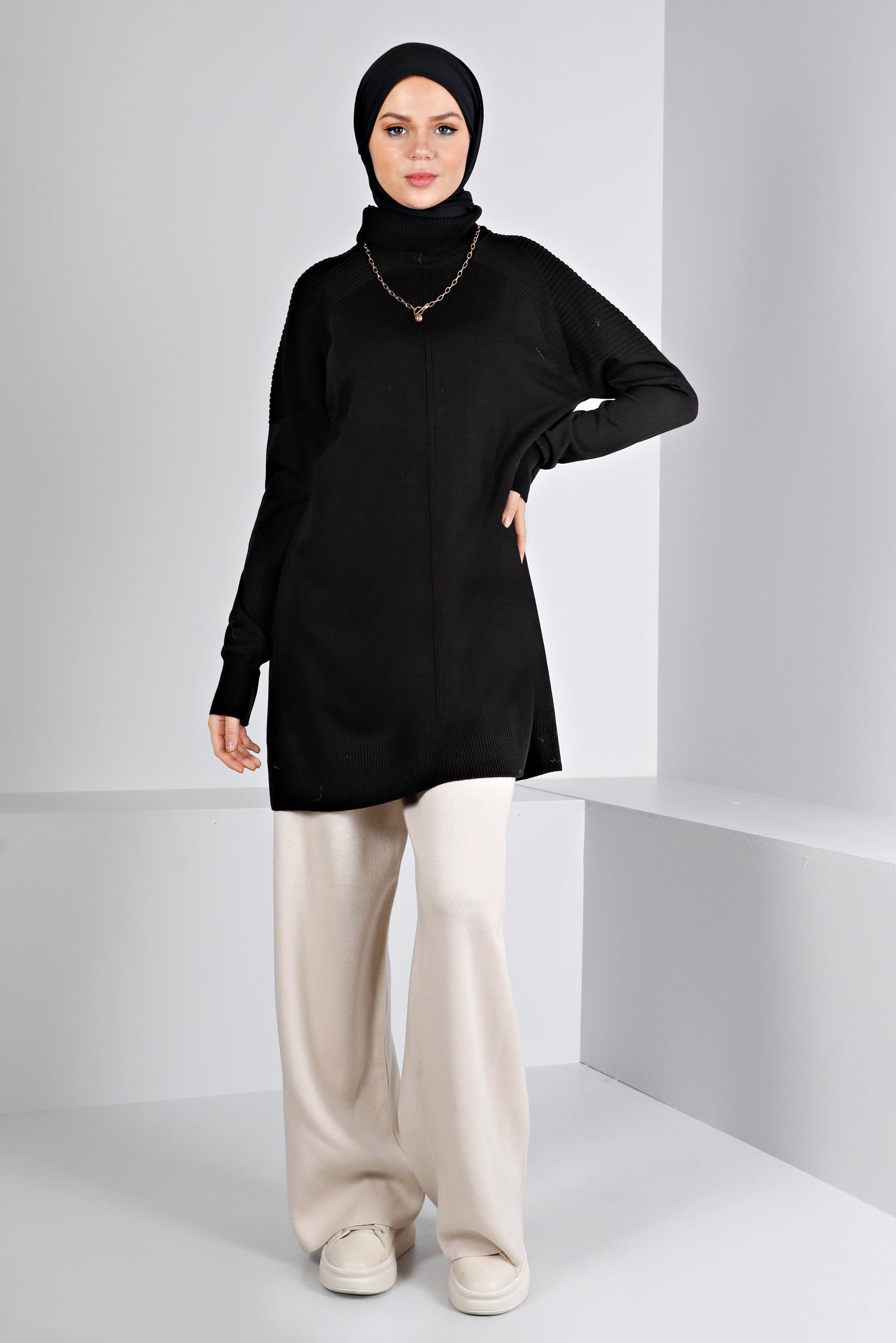 Tesettür giyim SİYAH BALIKÇI YAKA TRİKO TUNİK 43117