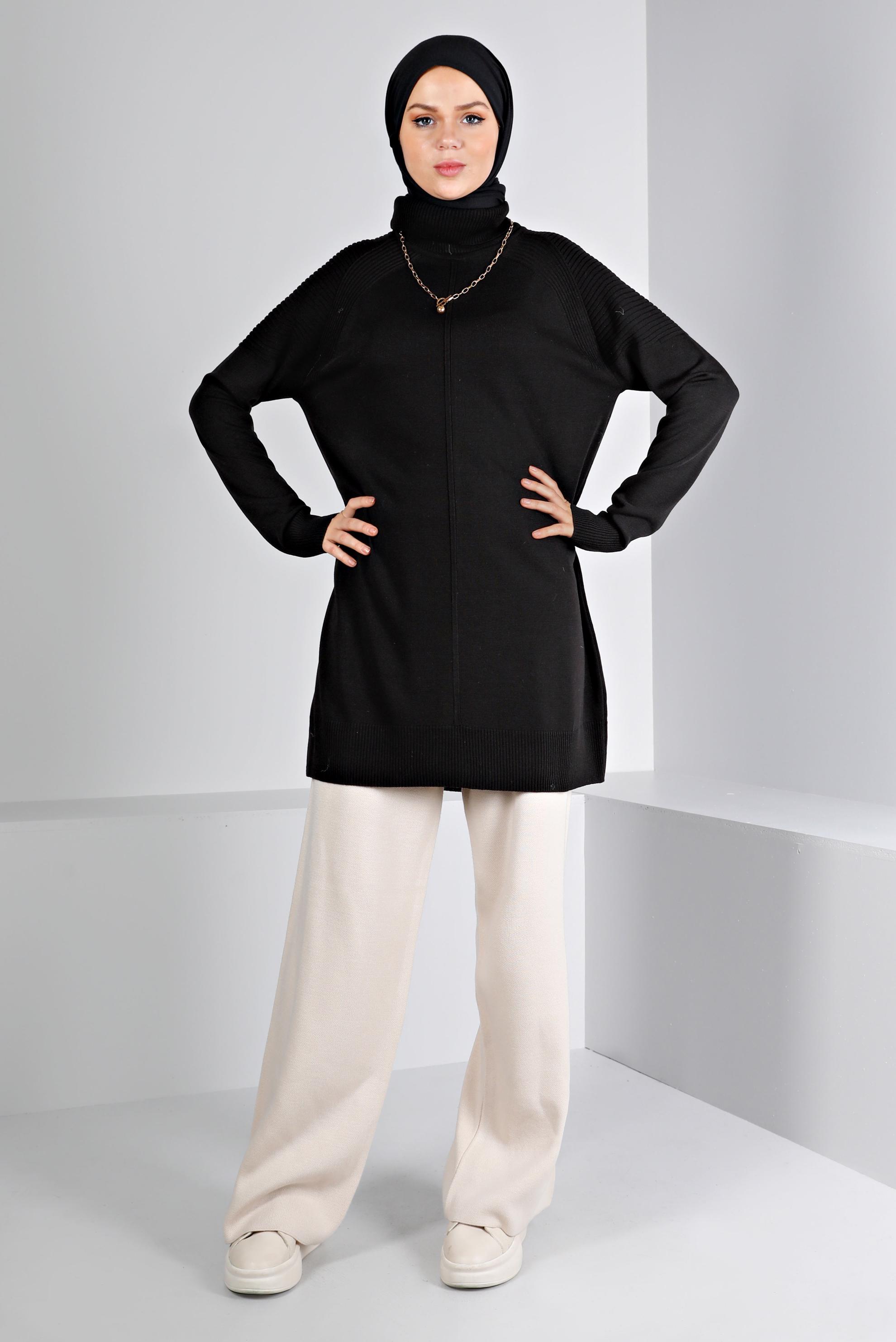 Tesettür giyim SİYAH BALIKÇI YAKA TRİKO TUNİK 43117