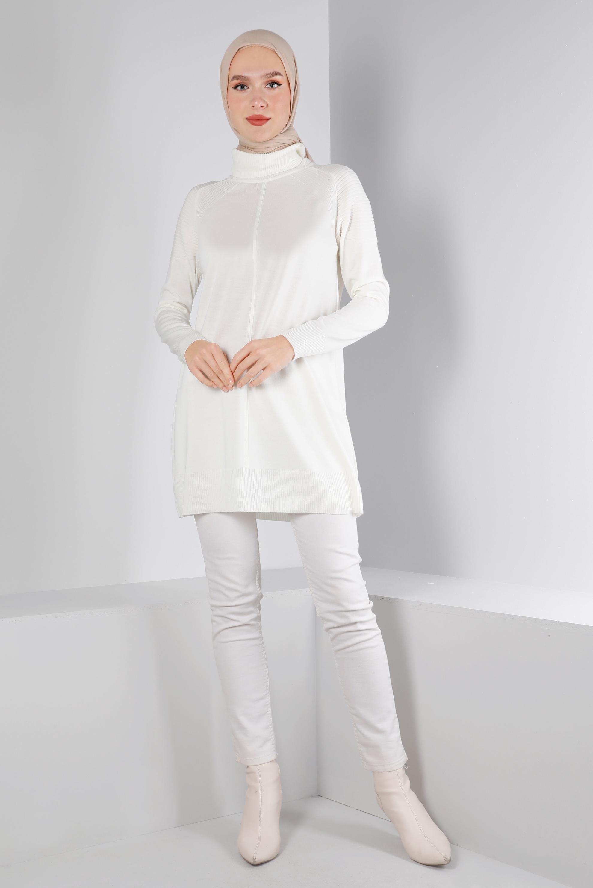 Tesettür giyim BEYAZ BALIKÇI YAKA TRİKO TUNİK 43117