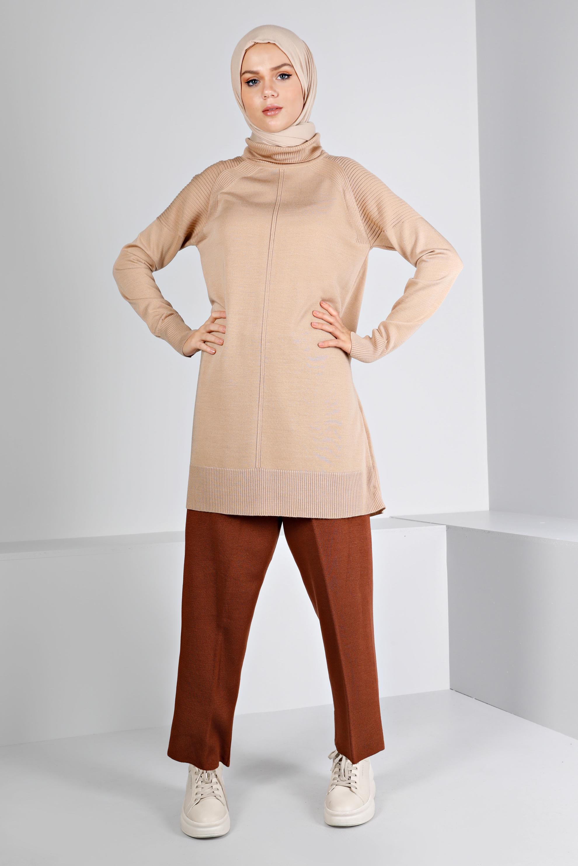 Tesettür giyim BEJ BALIKÇI YAKA TRİKO TUNİK 43117