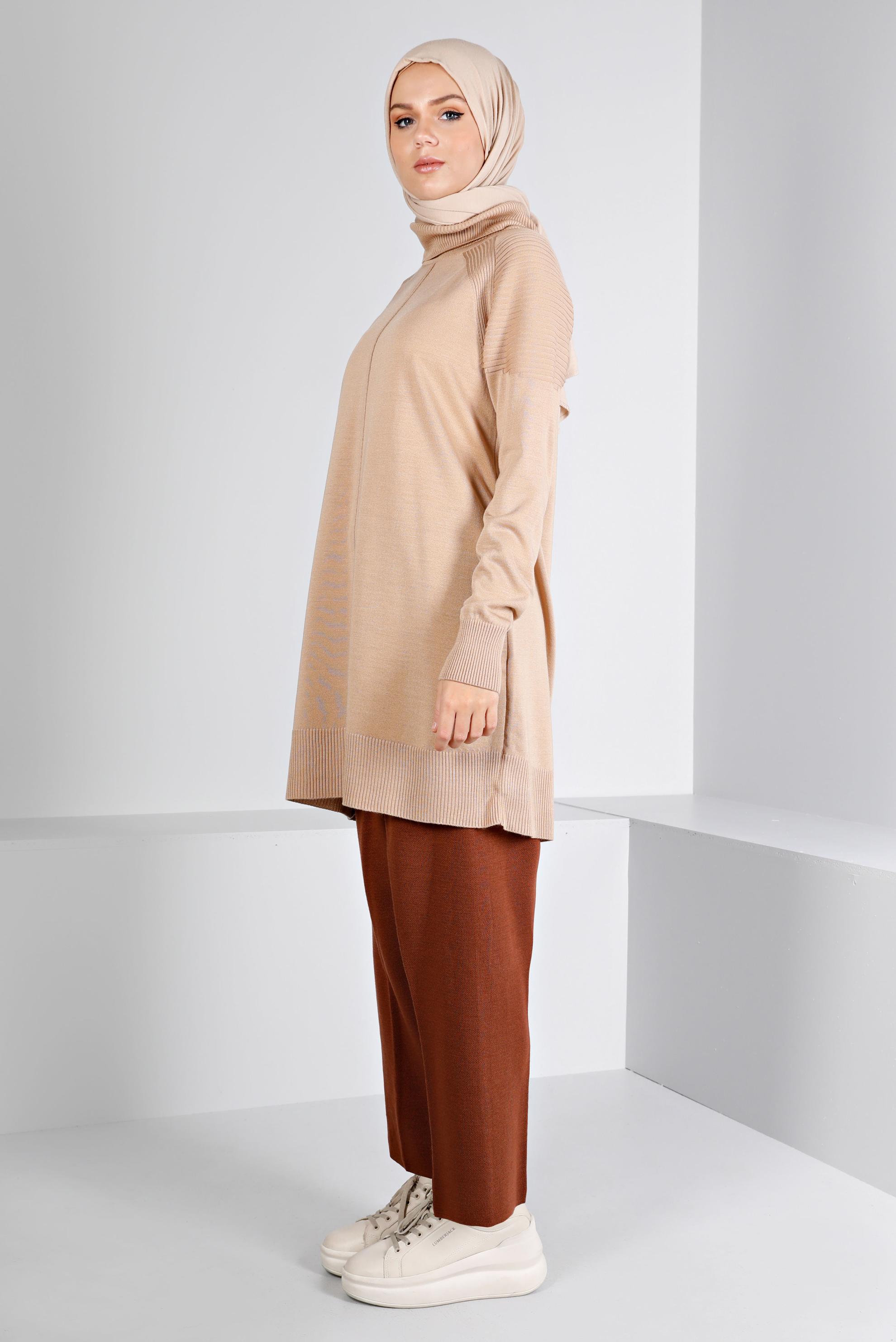 Tesettür giyim BEJ BALIKÇI YAKA TRİKO TUNİK 43117