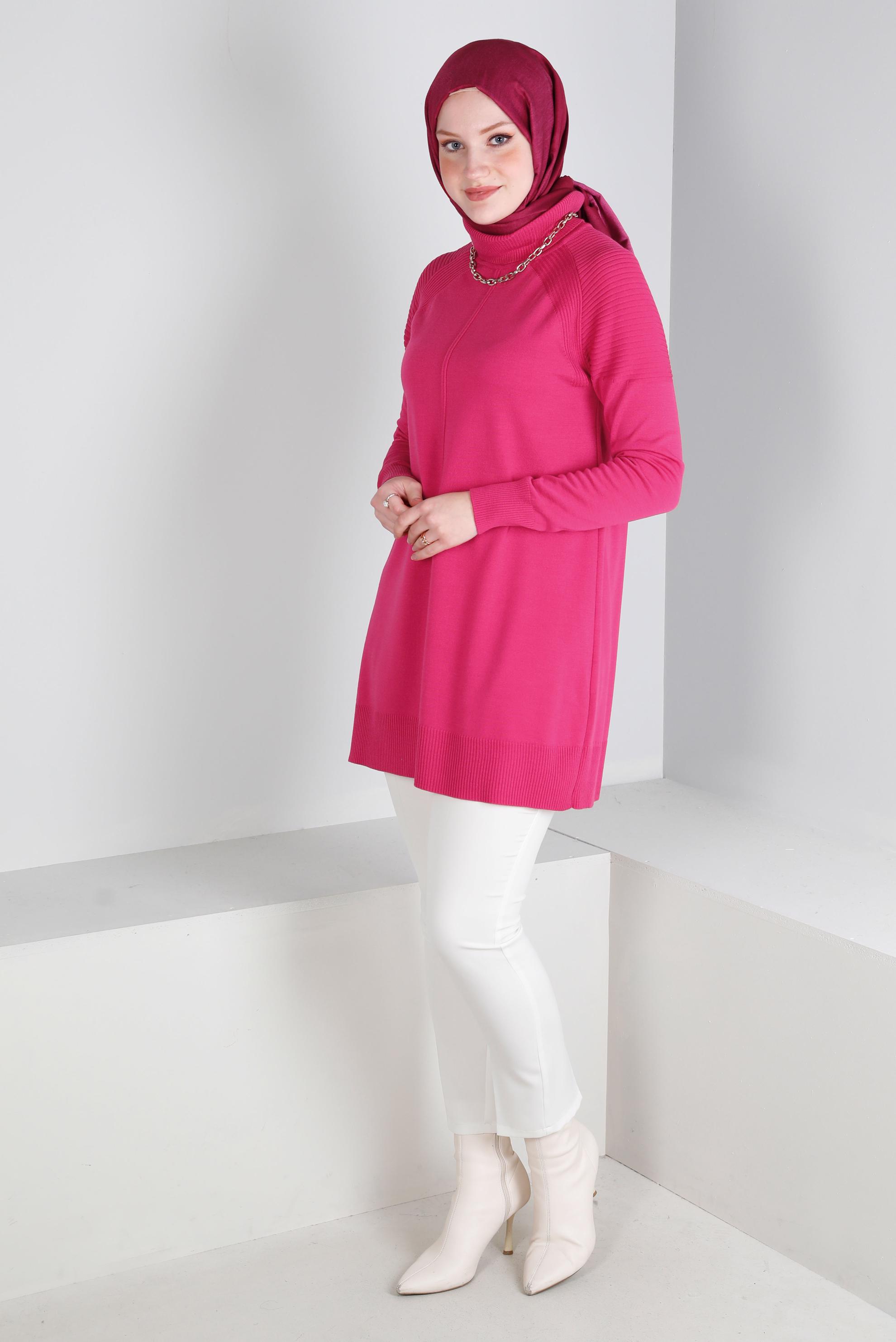 Tesettür giyim FUŞYA BALIKÇI YAKA TRİKO TUNİK 43117