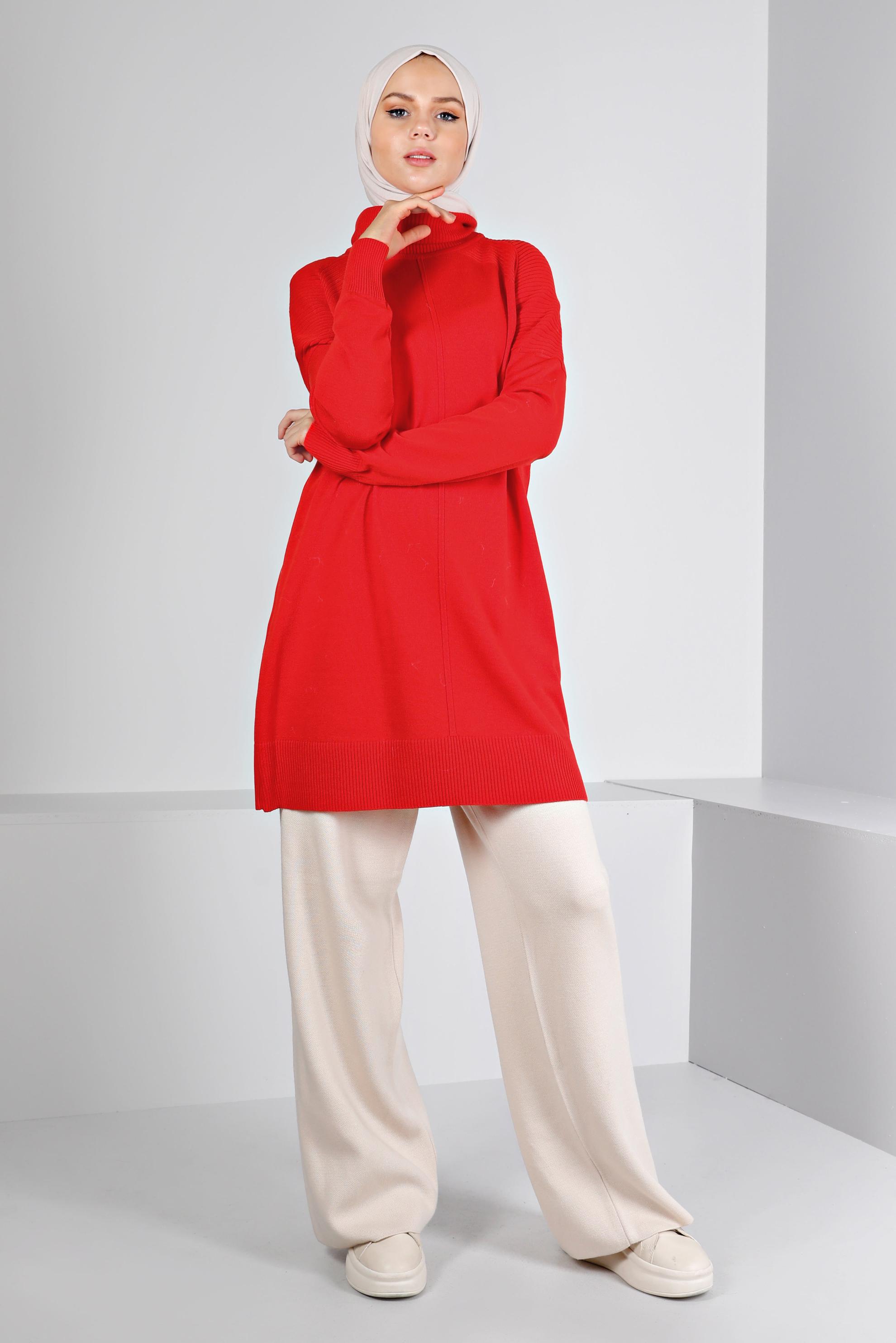 Tesettür giyim KIRMIZI BALIKÇI YAKA TRİKO TUNİK 43117