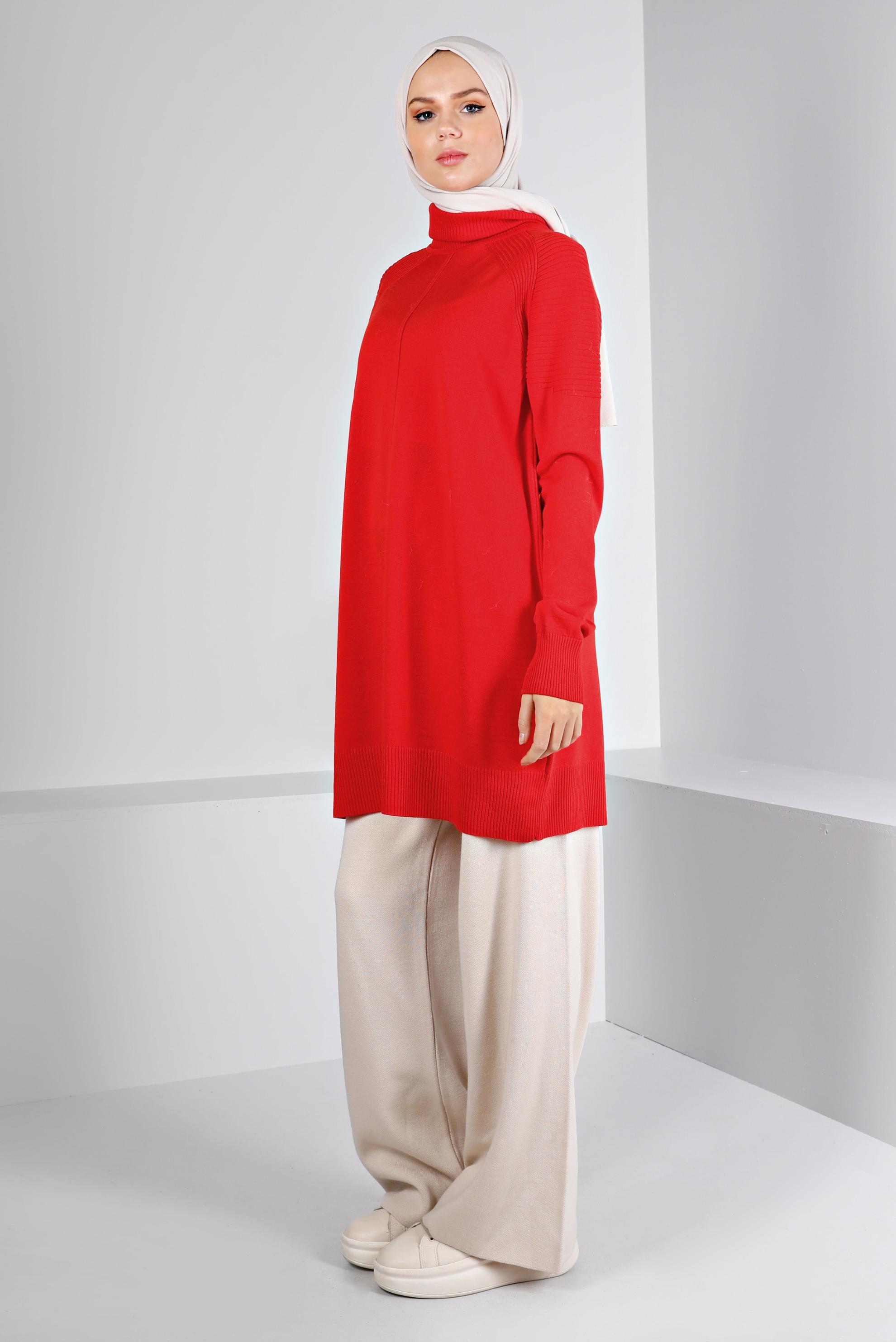 Tesettür giyim KIRMIZI BALIKÇI YAKA TRİKO TUNİK 43117