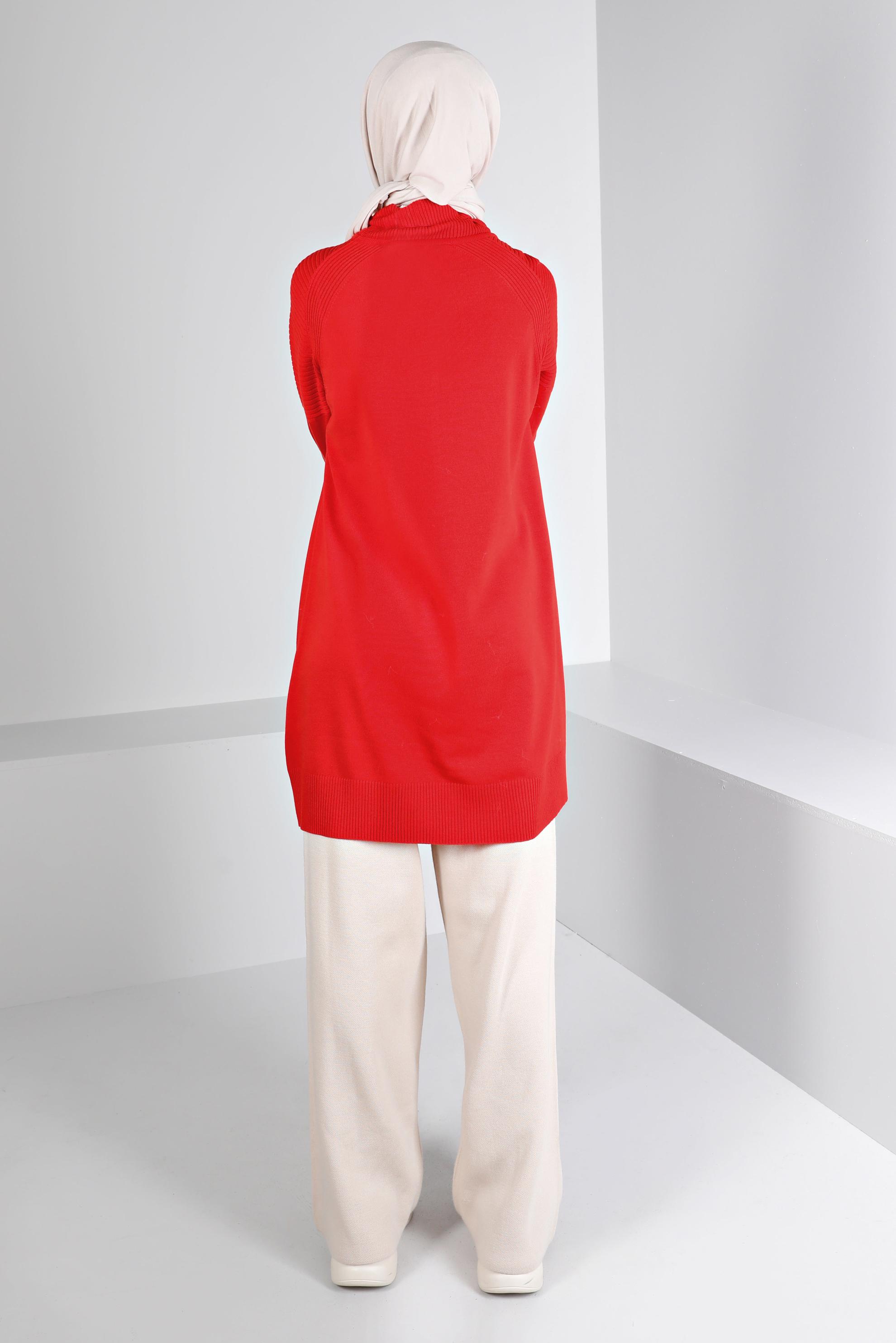 Tesettür giyim KIRMIZI BALIKÇI YAKA TRİKO TUNİK 43117