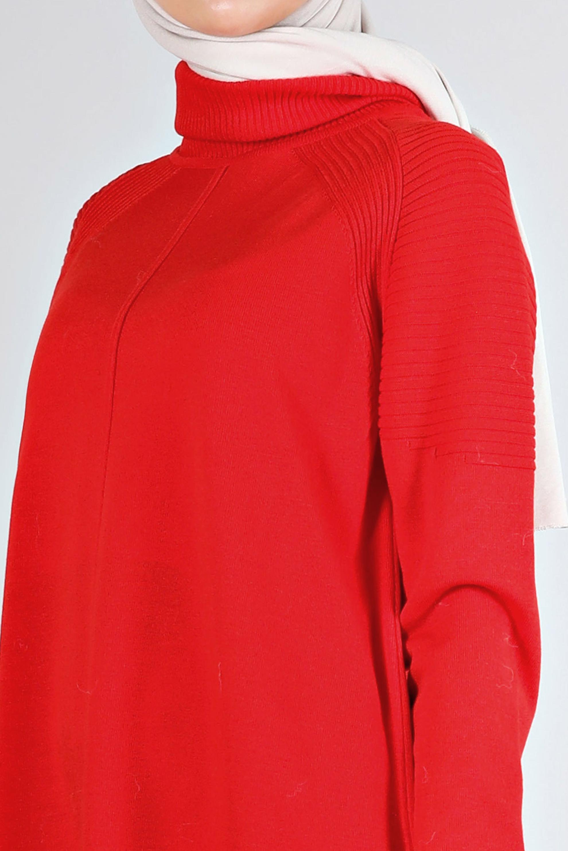 Tesettür giyim KIRMIZI BALIKÇI YAKA TRİKO TUNİK 43117