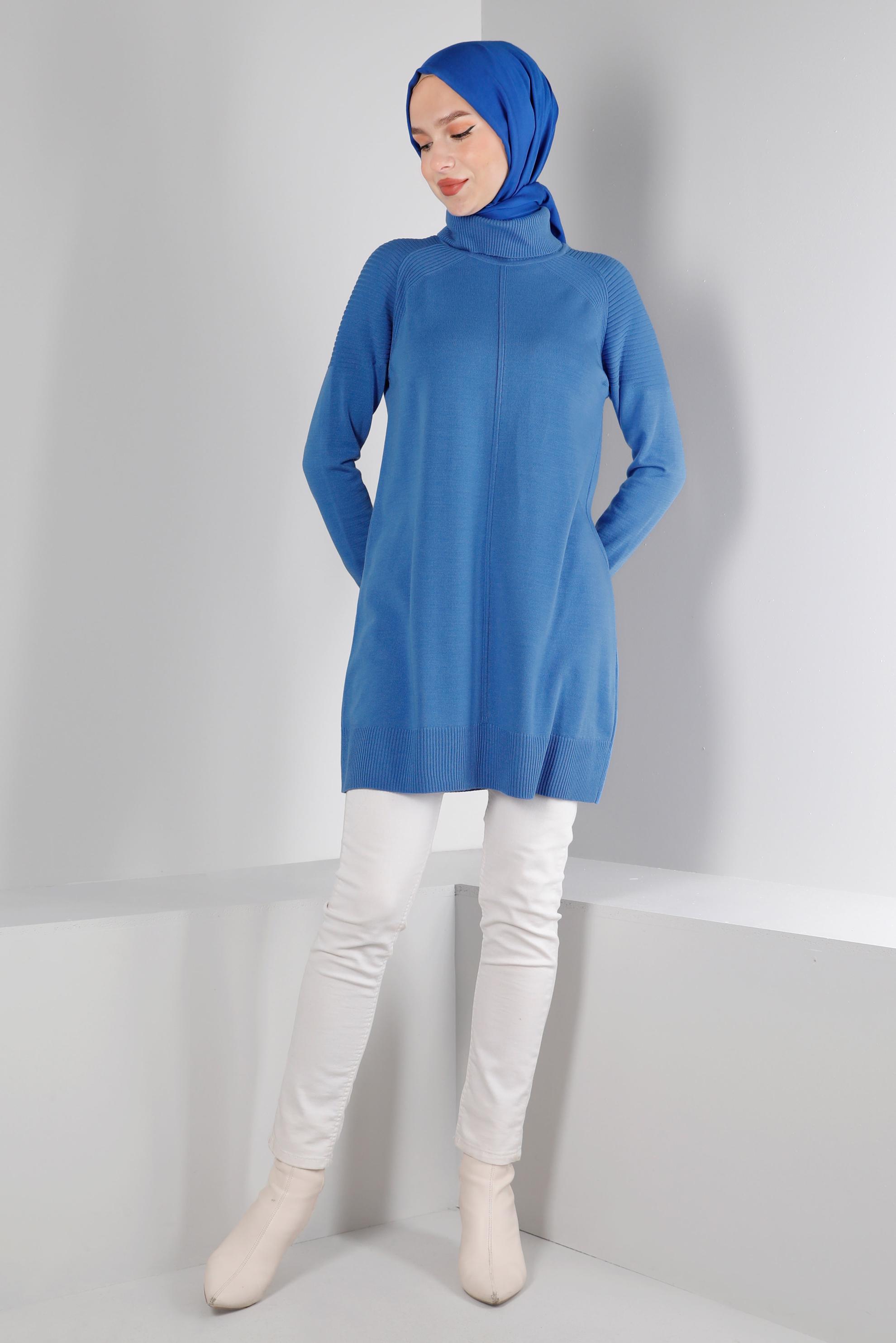 Tesettür giyim MAVİ BALIKÇI YAKA TRİKO TUNİK 43117