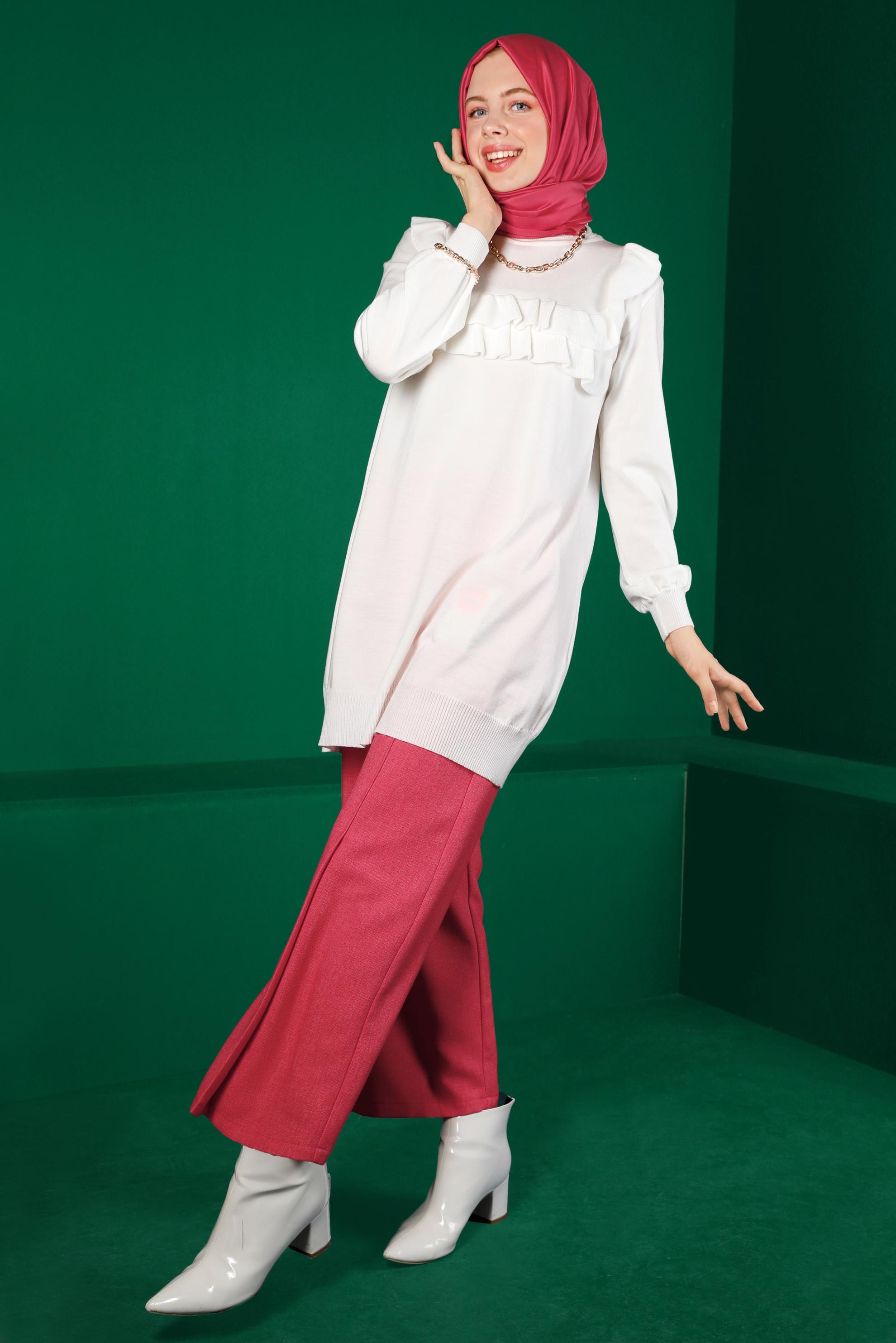 Tesettür giyim BEYAZ FIRFIRLI TRİKO TUNİK 43118	