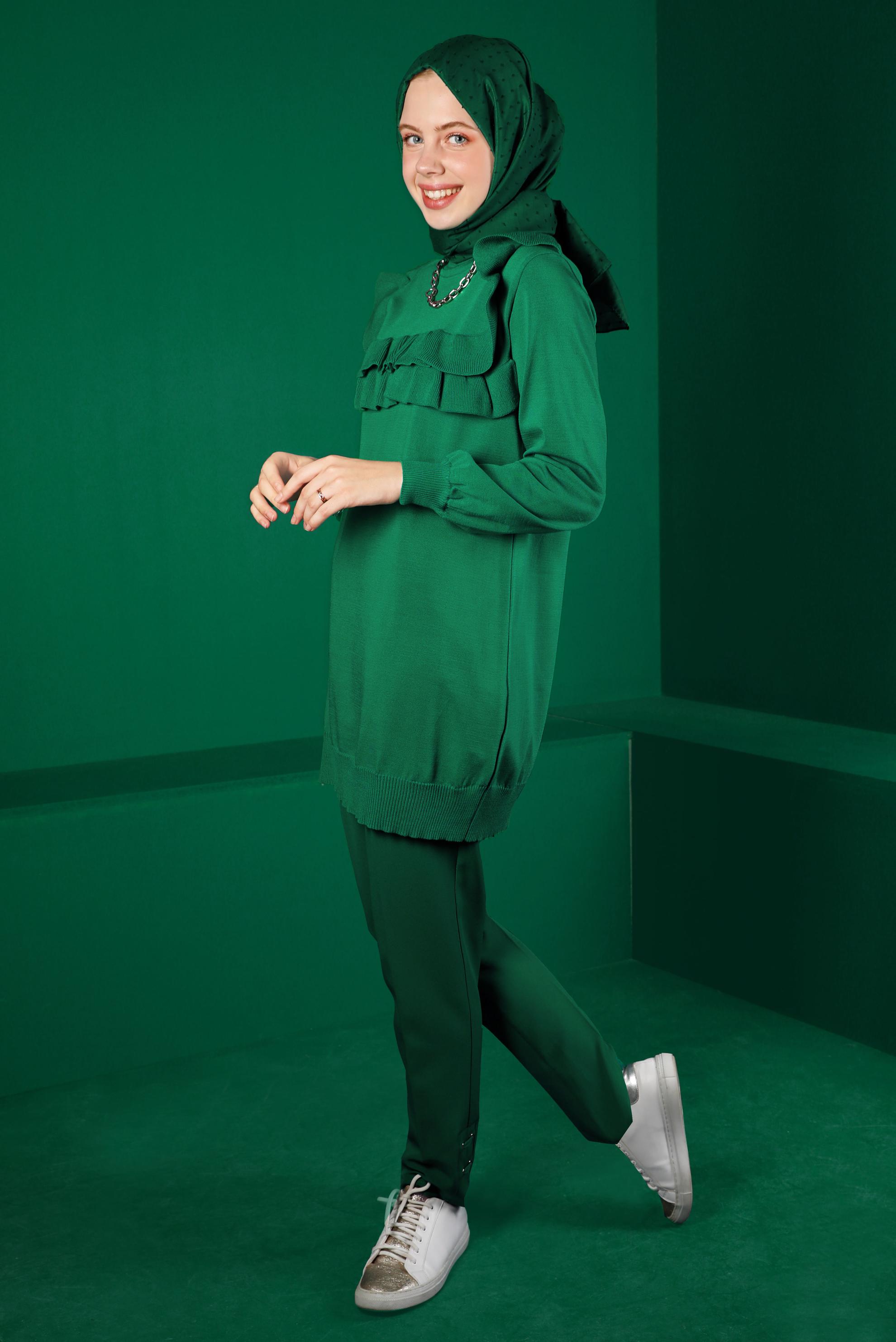 Tesettür giyim YEŞİL FIRFIRLI TRİKO TUNİK 43118	