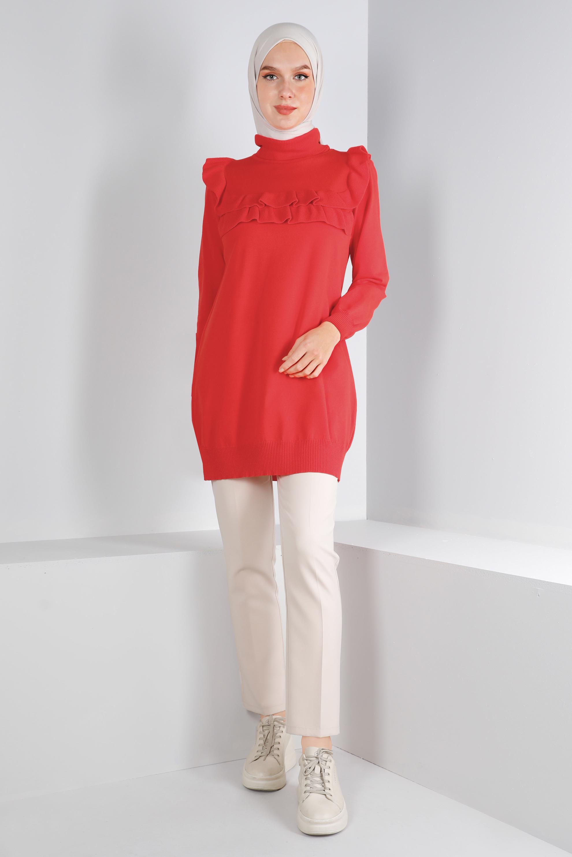 Tesettür giyim KIRMIZI FIRFIRLI TRİKO TUNİK 43118	