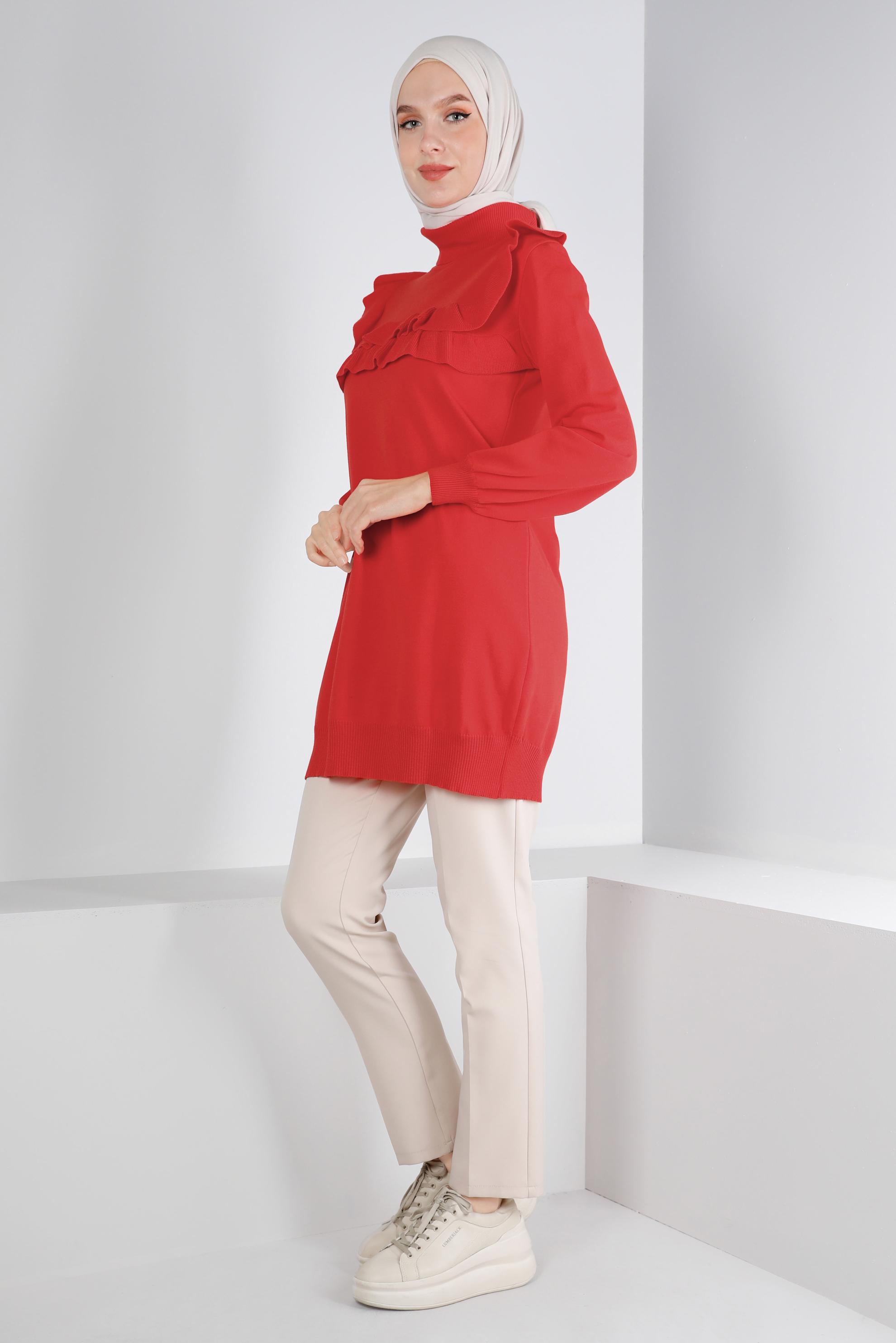 Tesettür giyim KIRMIZI FIRFIRLI TRİKO TUNİK 43118	