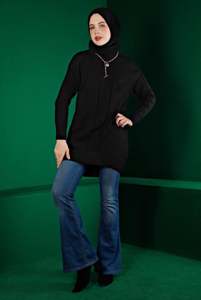 Tesettür giyim SİYAH ÖRGÜ DETAYLI BOĞAZLI TRİKO TUNİK 43119 - ALVİNA