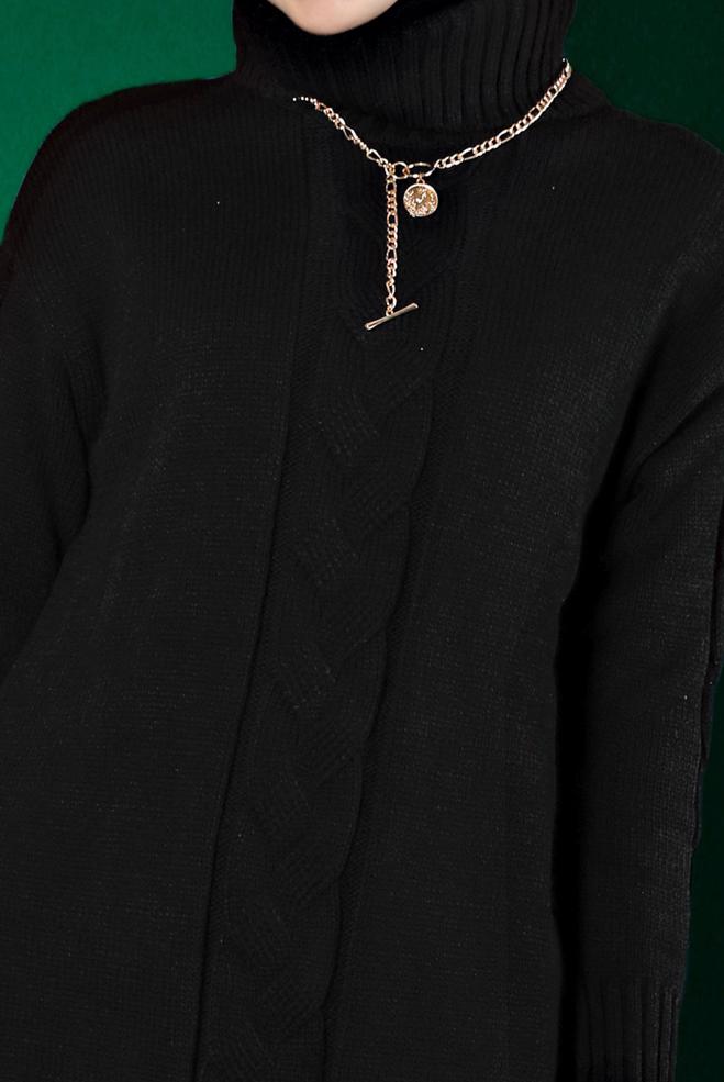 Tesettür giyim SİYAH ÖRGÜ DETAYLI BOĞAZLI TRİKO TUNİK 43119 - ALVİNA