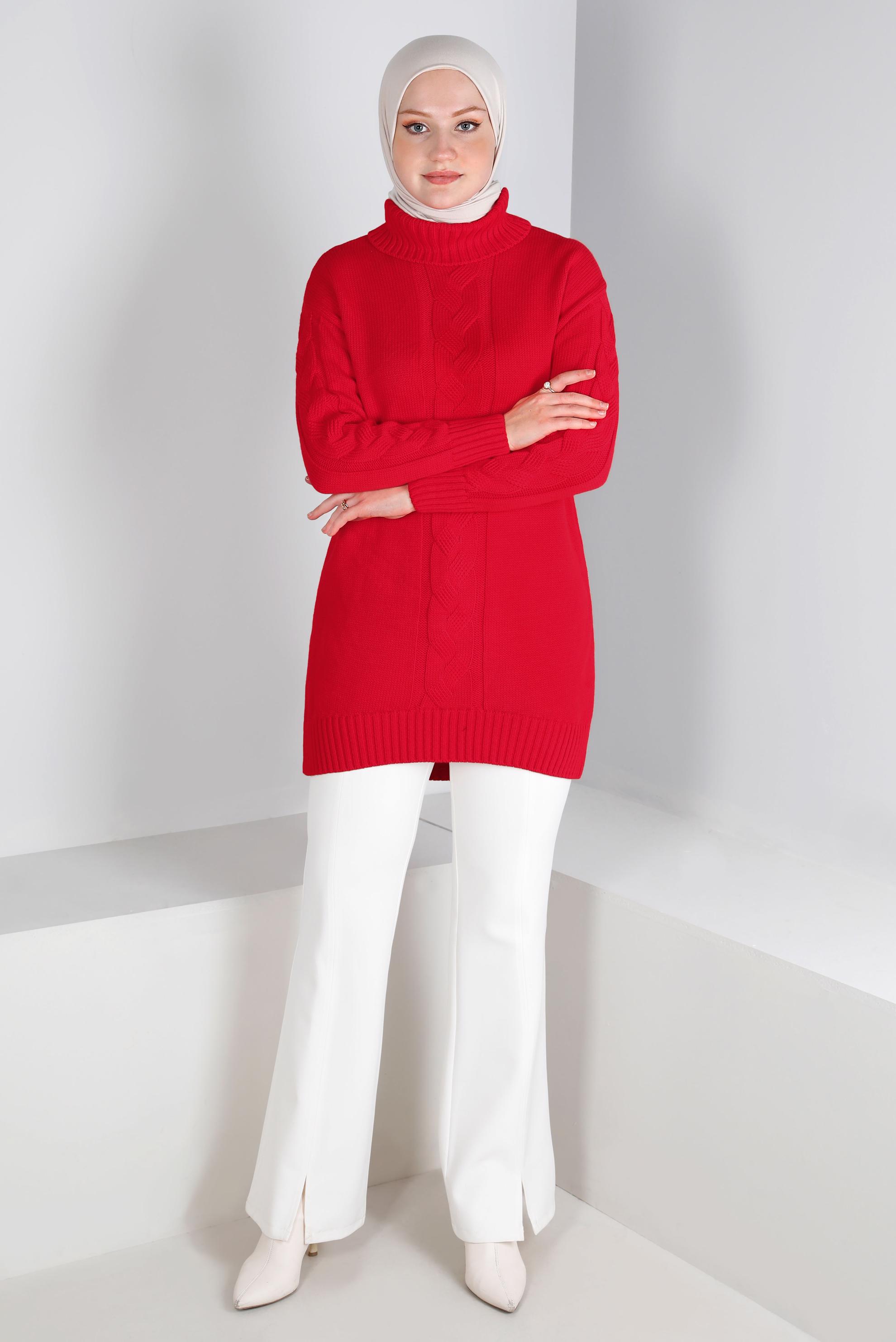 Tesettür giyim KIRMIZI ÖRGÜ DETAYLI BOĞAZLI TRİKO TUNİK 43119