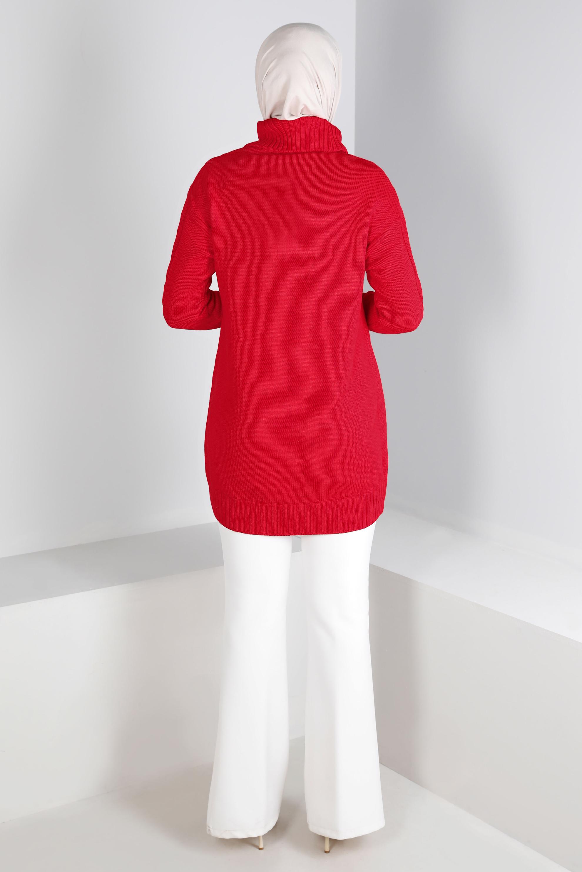 Tesettür giyim KIRMIZI ÖRGÜ DETAYLI BOĞAZLI TRİKO TUNİK 43119