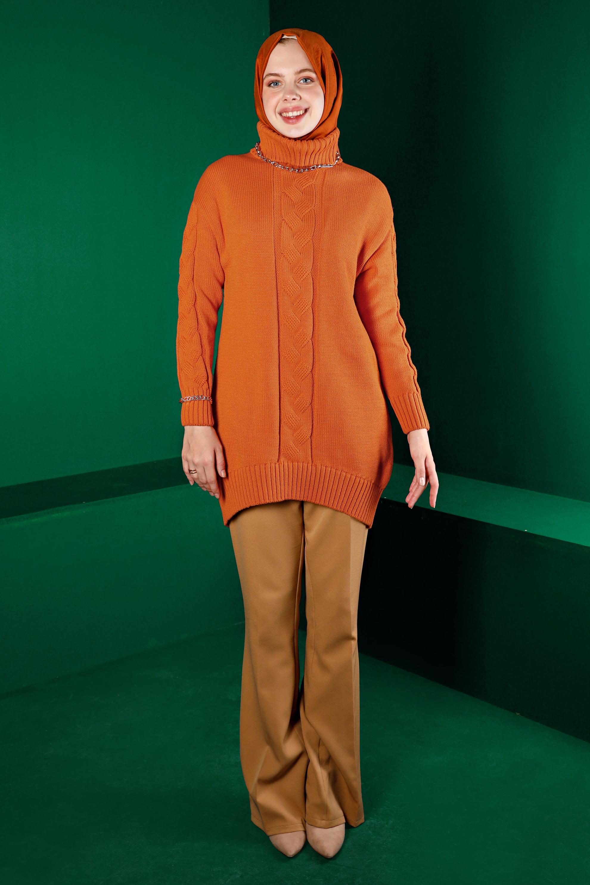 Tesettür giyim TURUNCU ÖRGÜ DETAYLI BOĞAZLI TRİKO TUNİK 43119