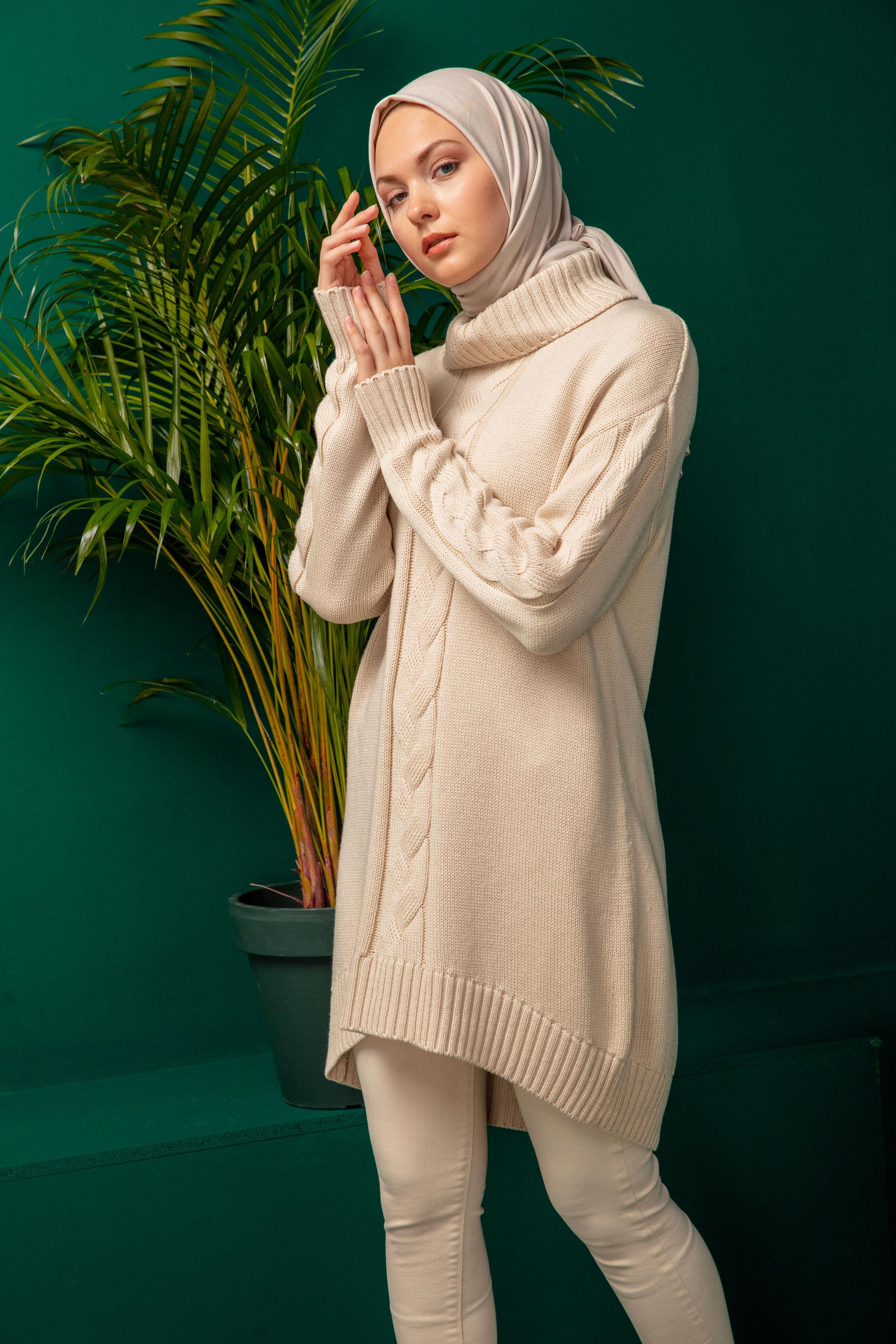 Vêtements hijab BEIGE TUNIQUE EN MAILLE COL ROULÉ 43119