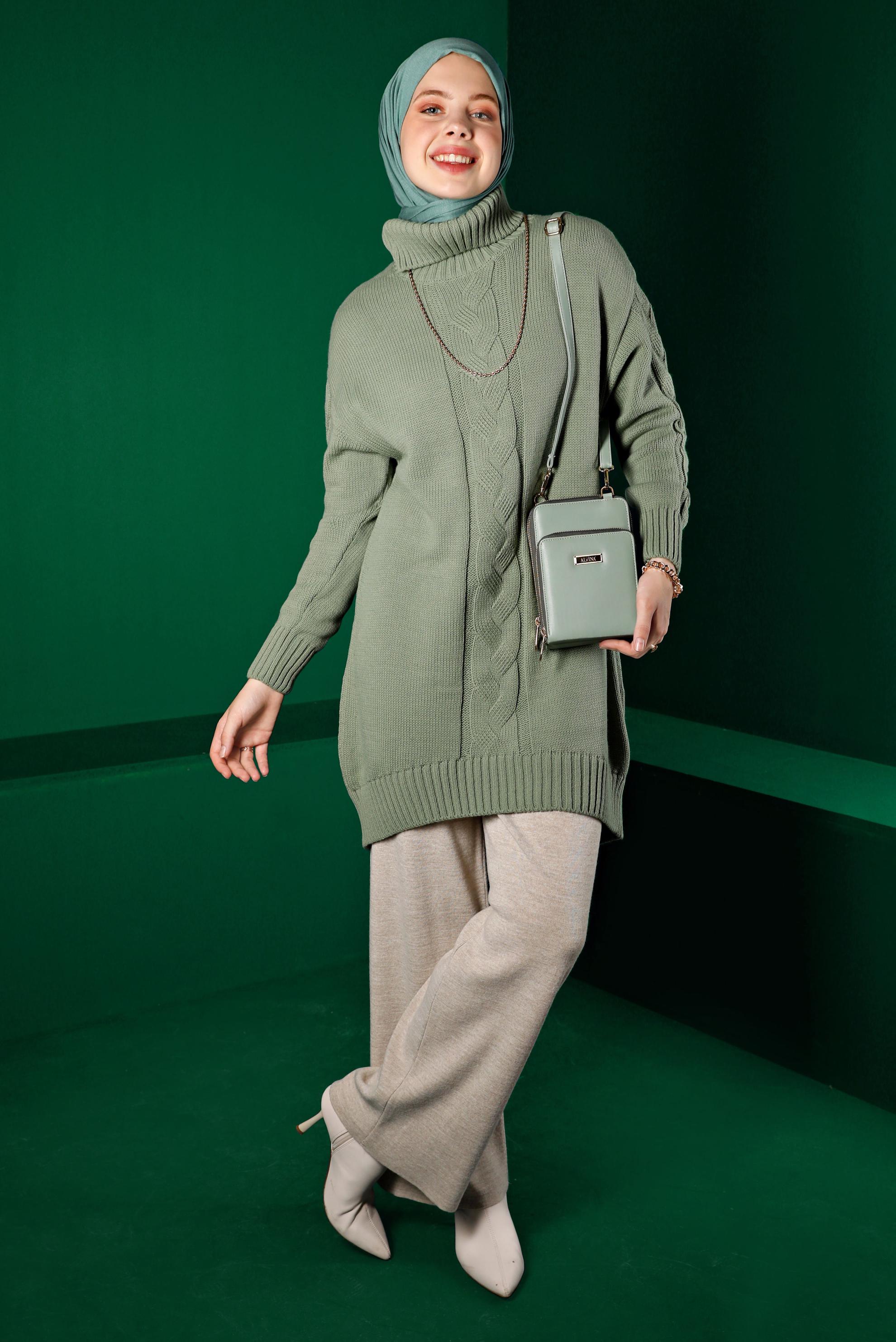 Tesettür giyim YEŞİL ÖRGÜ DETAYLI BOĞAZLI TRİKO TUNİK 43119