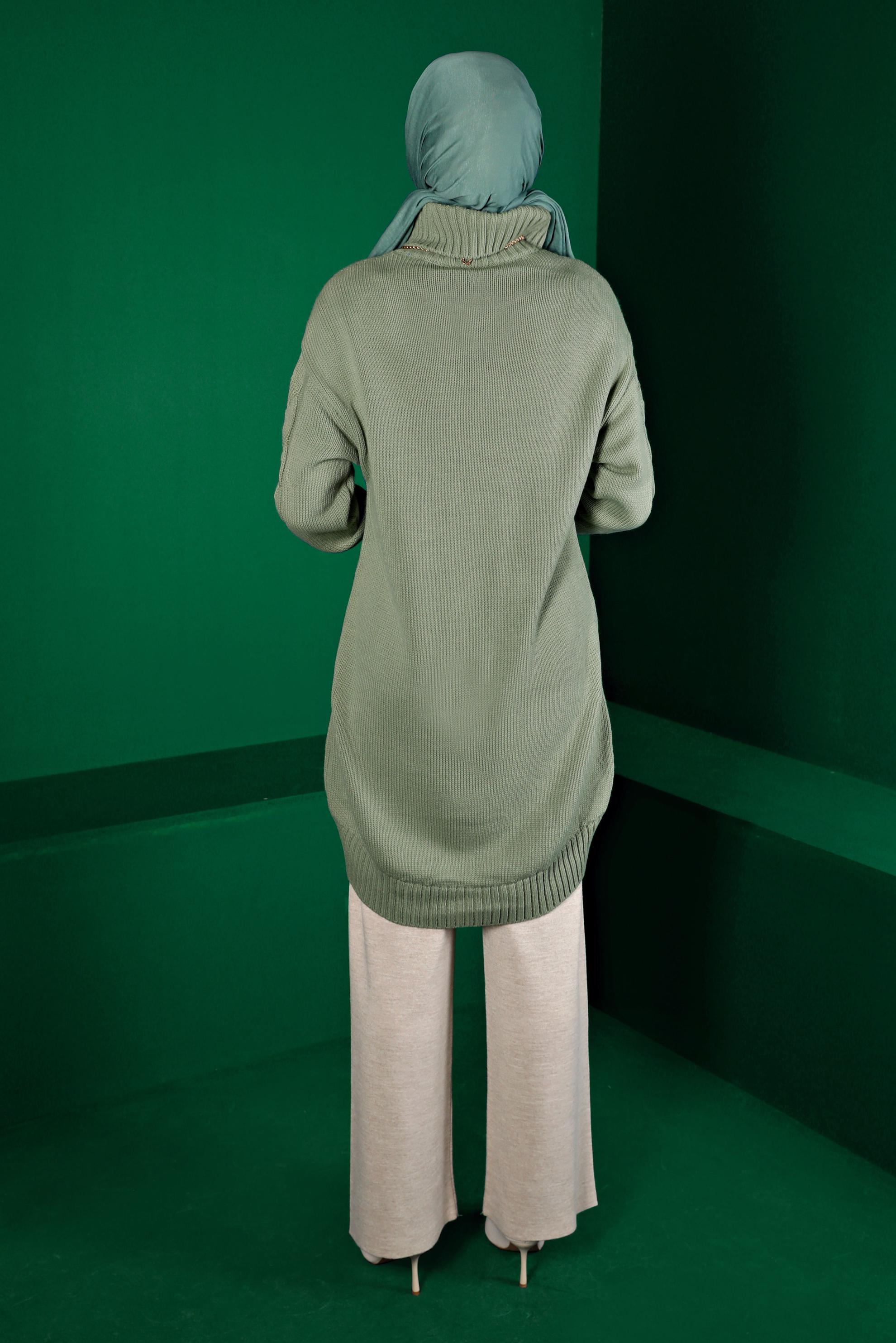 Tesettür giyim YEŞİL ÖRGÜ DETAYLI BOĞAZLI TRİKO TUNİK 43119